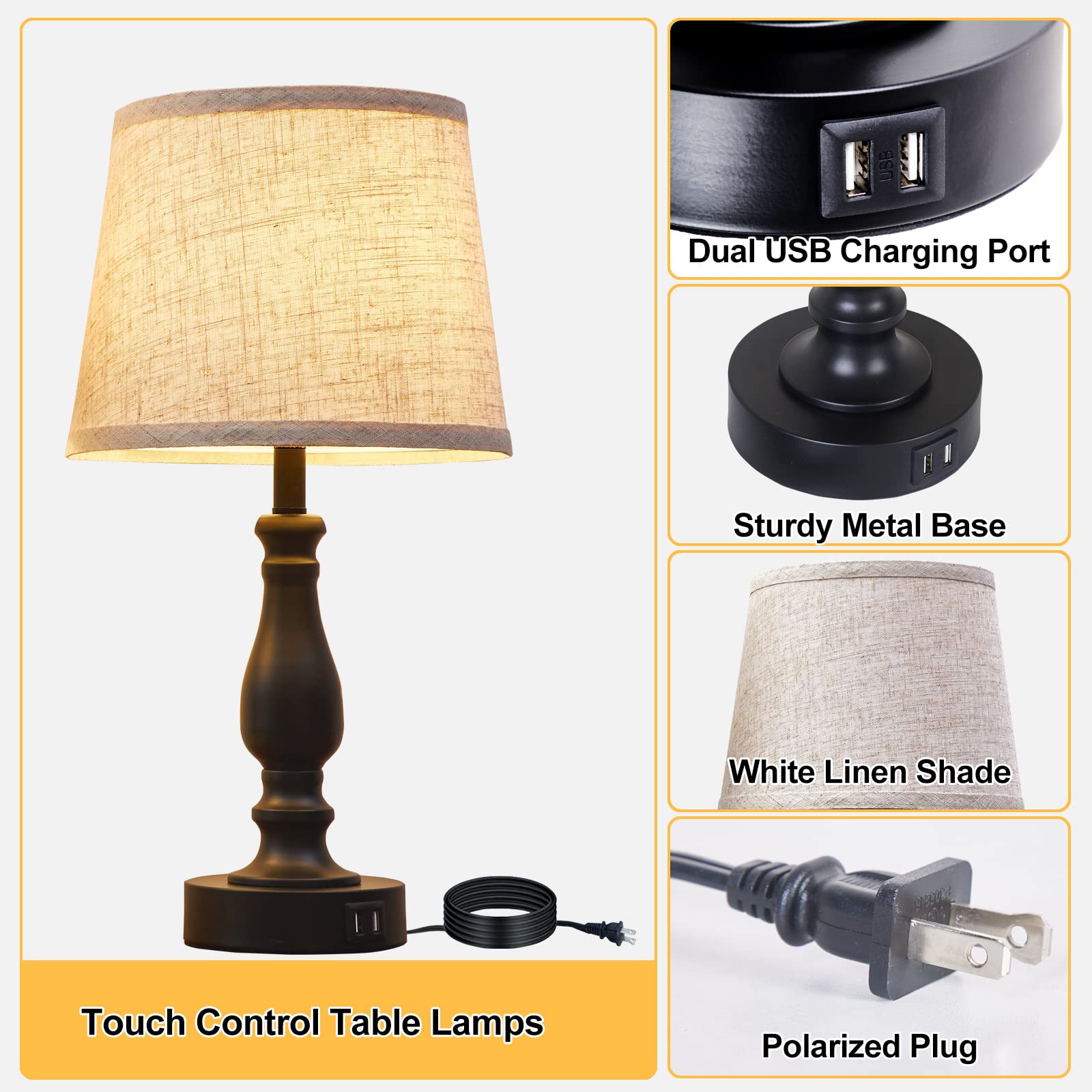 EJIAXIN Table Lamps Set of 2 - 3-Way Dimmable Touch, Beige Linen Shade, USB Charging Ports, Modern Design, Model E-98008A