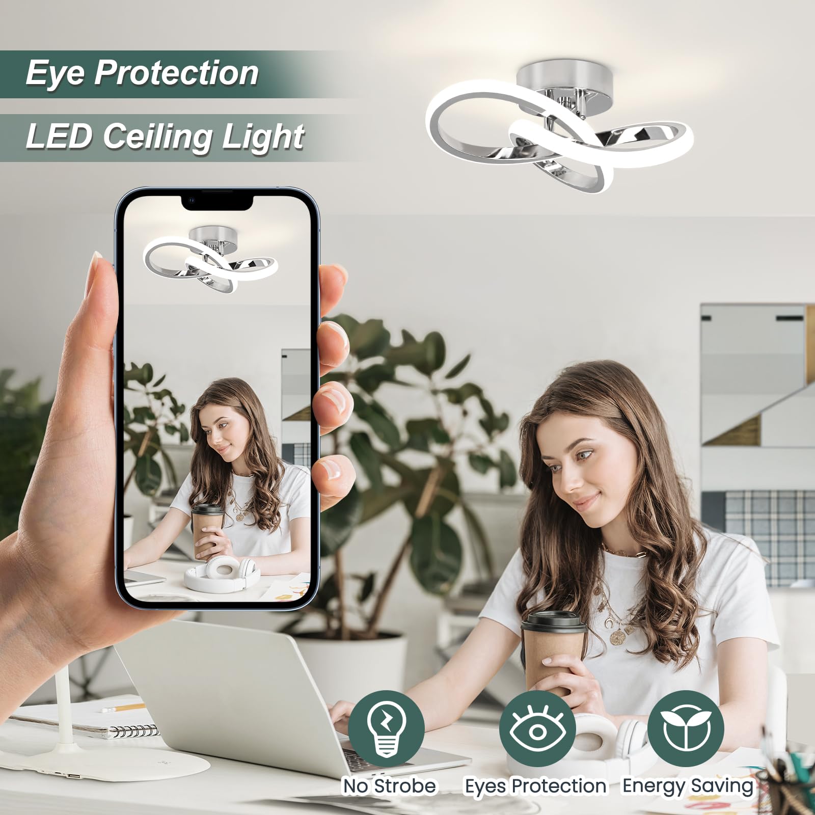 CANEOE Modern LED Ceiling Light Fixtures, 4500K Daylight White, Aluminum, Chrome, Model GDD-MHCH-N, Perfect for Hallway, Bedroom, Kitchen