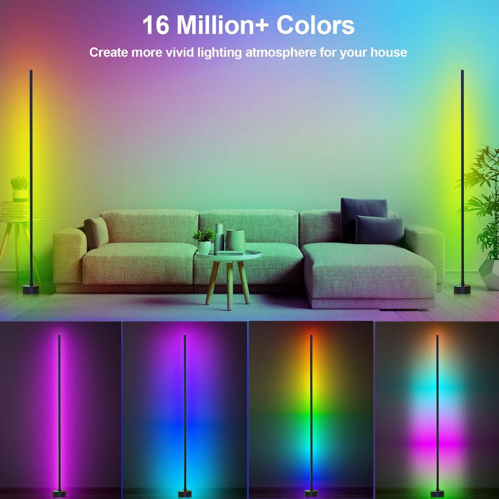 Miortior Smart RGB LED Corner Floor Lamp, 16 Million Colors, App & Remote Control, Model LZ-1201000A, Ideal for Living Rooms & Gaming Rooms