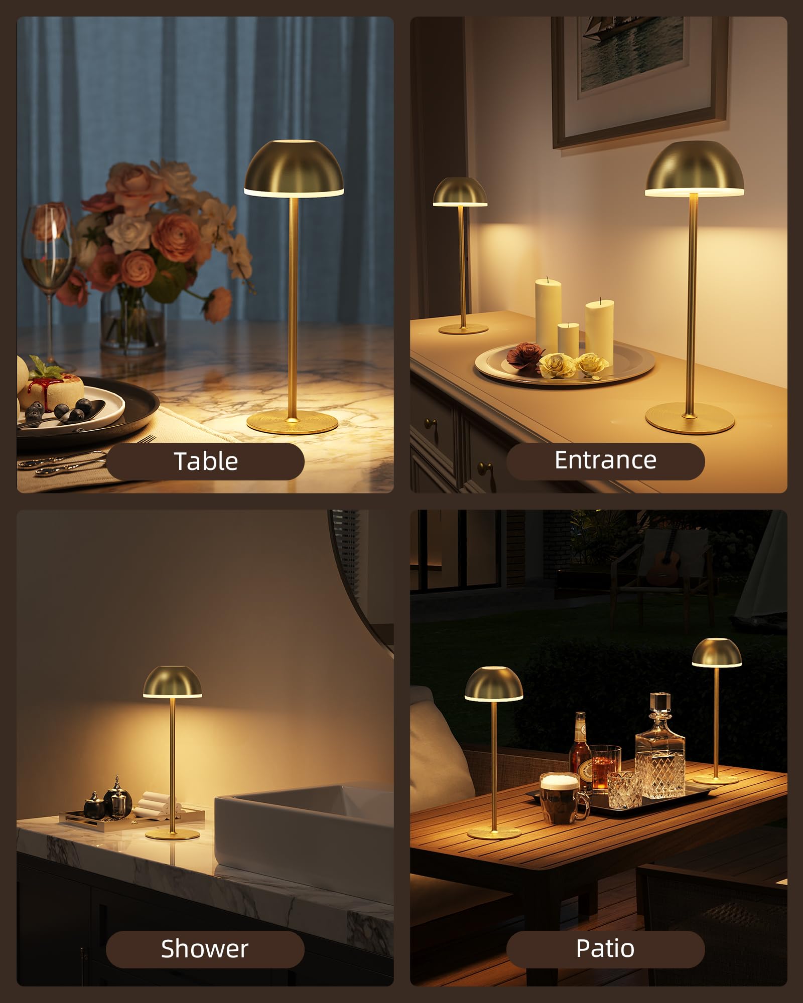 EZVALO Cordless Table Lamp, LED, Touch Control, Stepless Dimming, 2 Pack, Gold, Model TL02