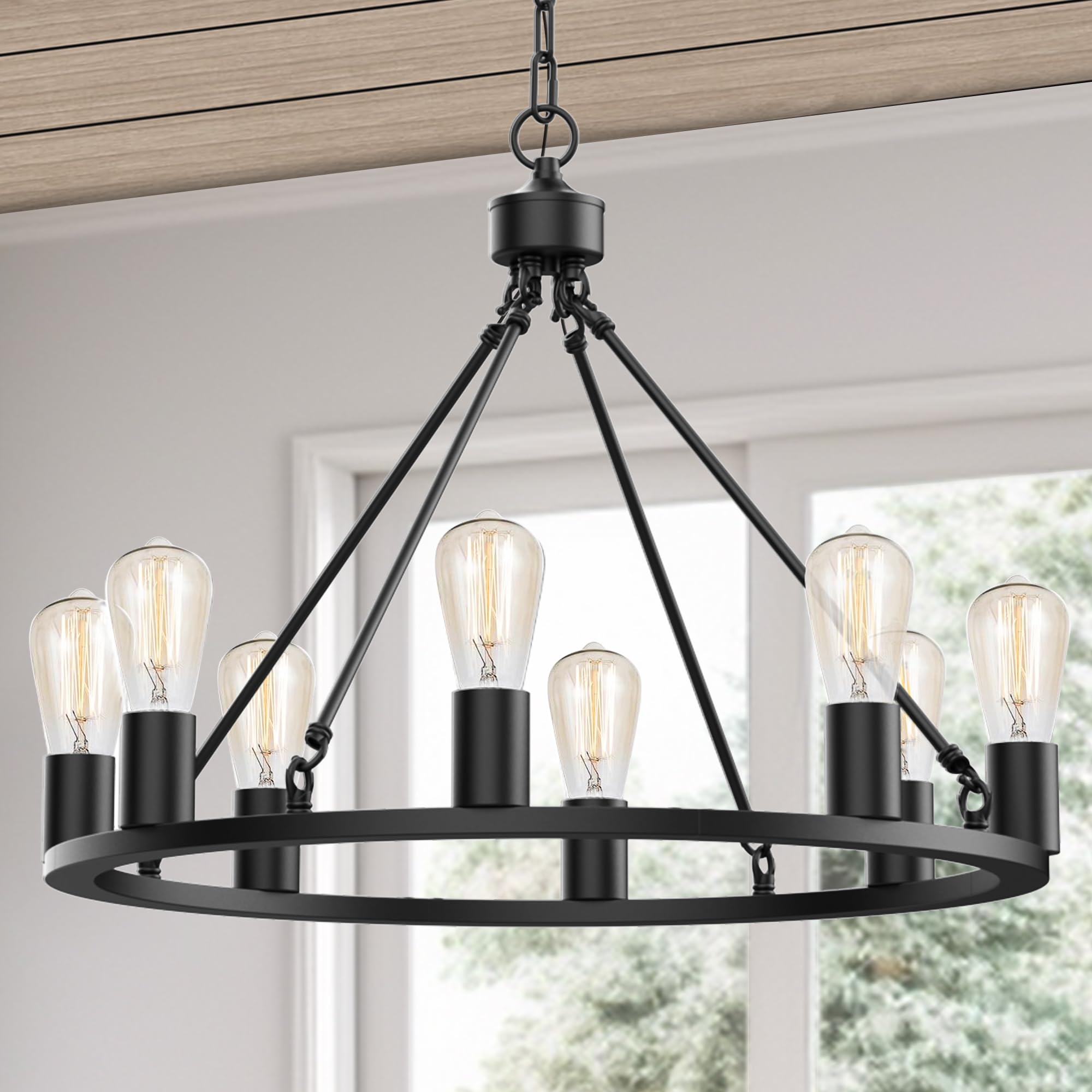 L Lohas Led Black Farmhouse Chandeliers For Dining Room, 8-Light Wagon Wheel Chandelier Over Table, Height Adjustable, 24'' Dini