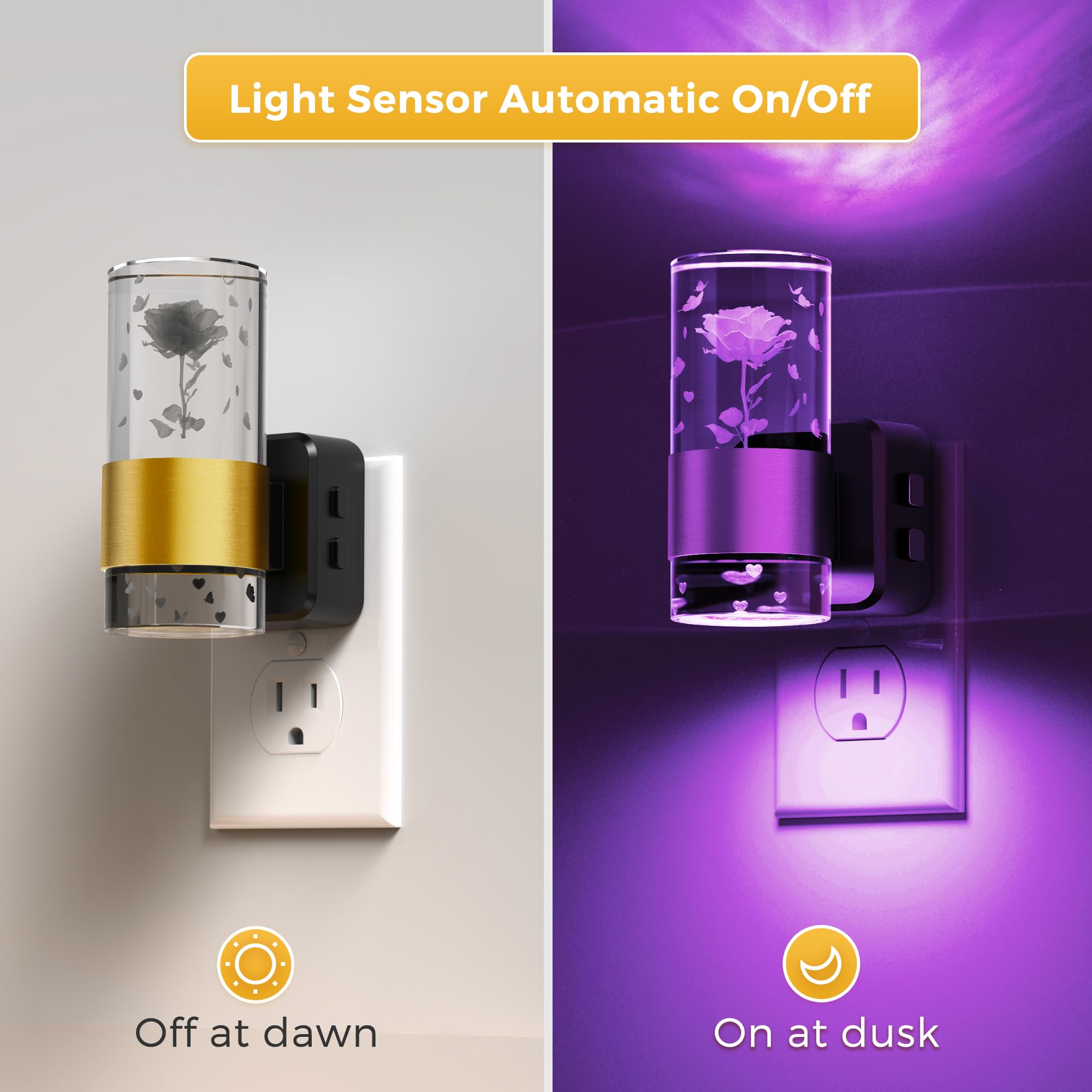 L Lohas Led Night Lights Plug Into Wall, Color Changing Night Light With Rose Carved, Dusk To Dawn Light Sensor And Adjustable B