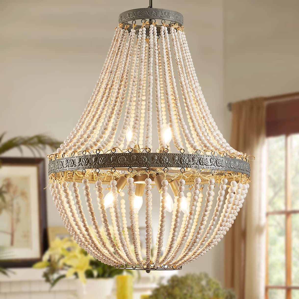 Large Boho Wood Beaded Chandelier - 25.5 Inch Draped Bead Rustic Farmhouse Ceiling Light Fixture for Dinning Room, Bedroom, Livi