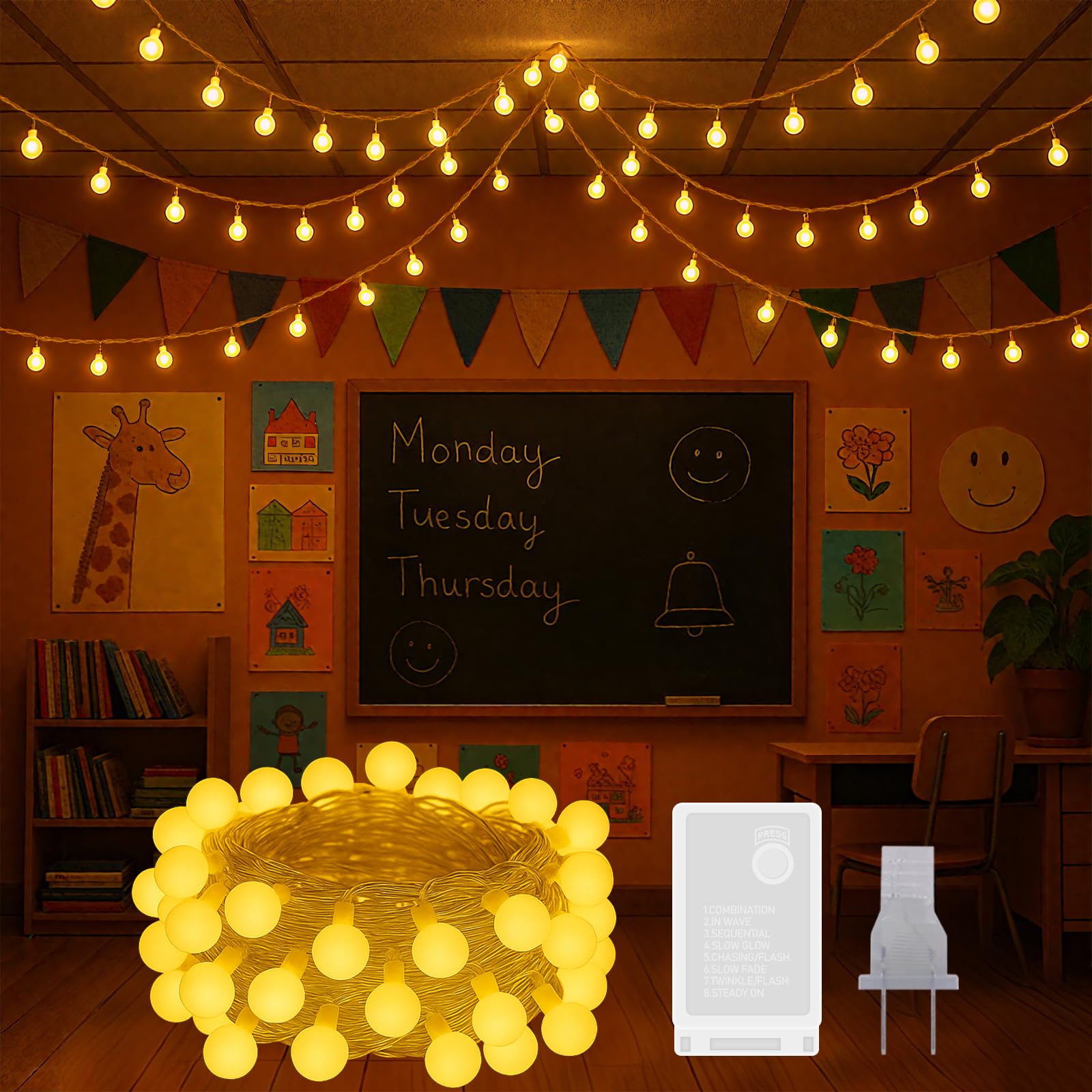 200 LED Hanging String Lights for Classroom - 66ft Plug in Fairy Lights with 8 Modes,Warm White String Lights for Classroom Deco