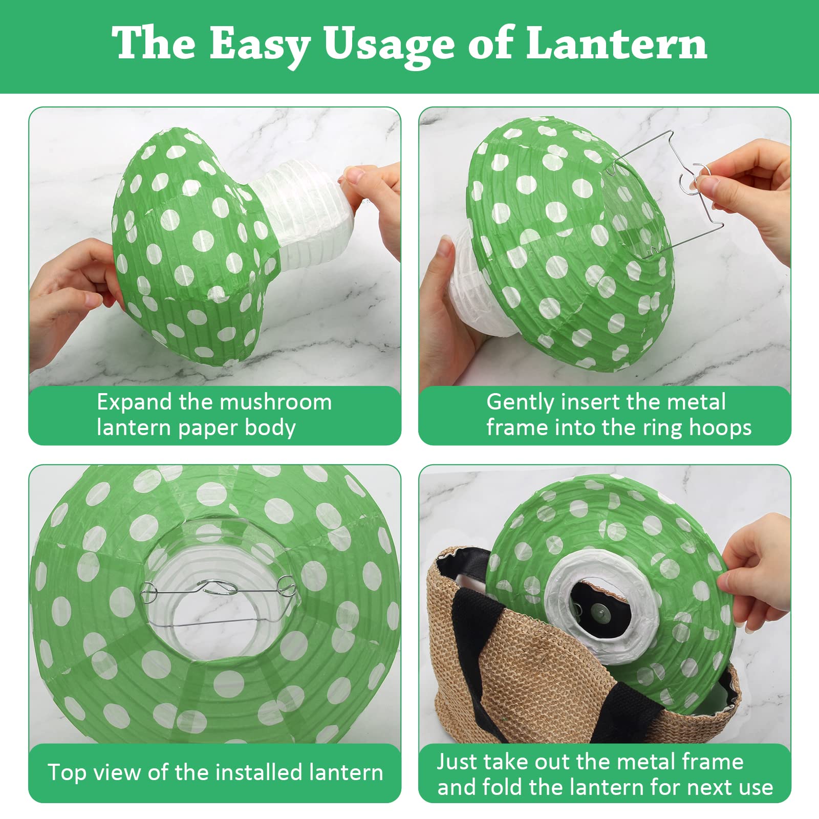 Windspeed Mushroom Shaped Paper Lanterns - 4Pcs, 8 Inch & 12 Inch, Green, Perfect For Nursery, Garden & Christmas Party Decoration