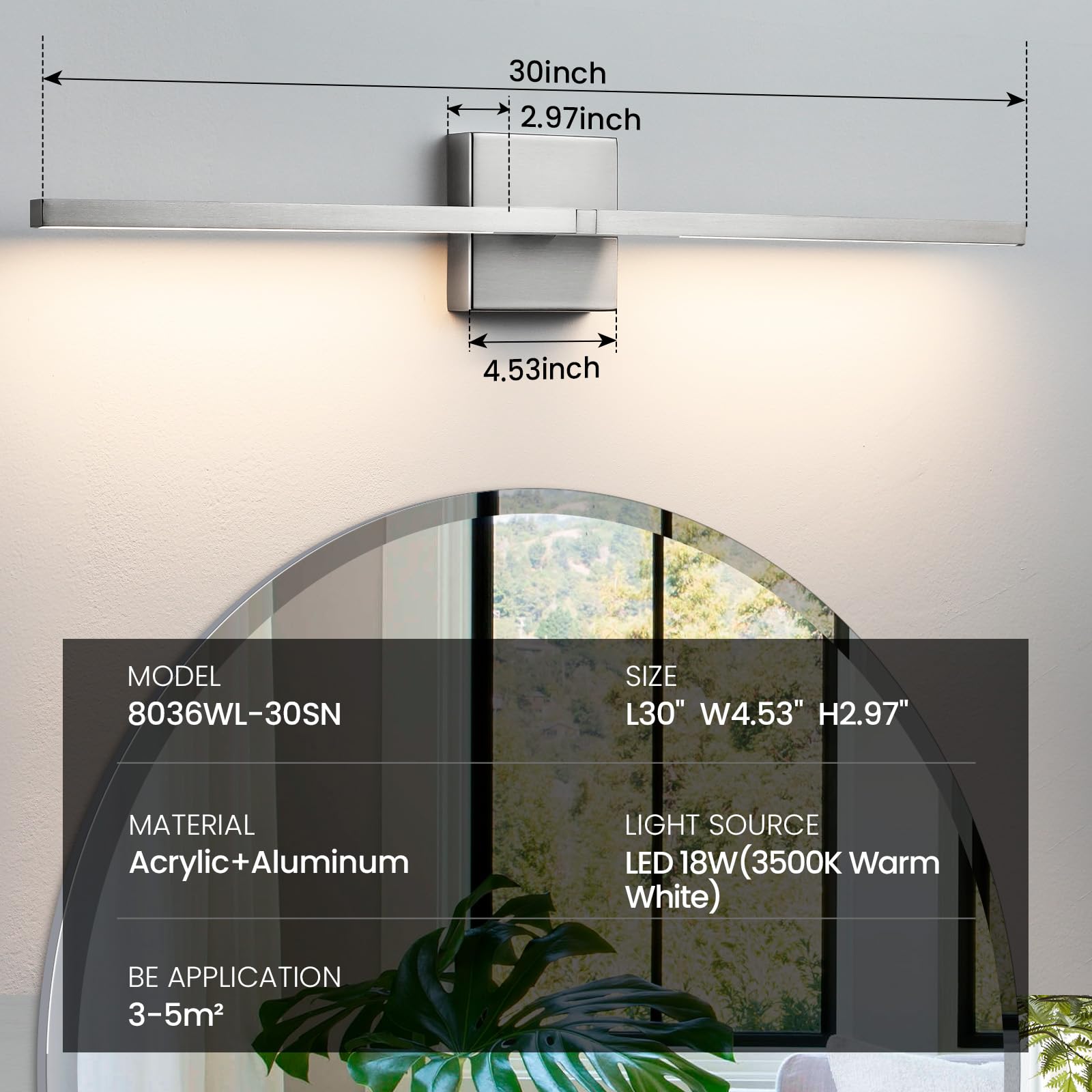 Ccycol Bathroom Vanity Light Fixtures - 30Inch Dimmable Brushed Nickel Bathroom Lights Over Mirror 18W Led Vanity Light Bar 3500