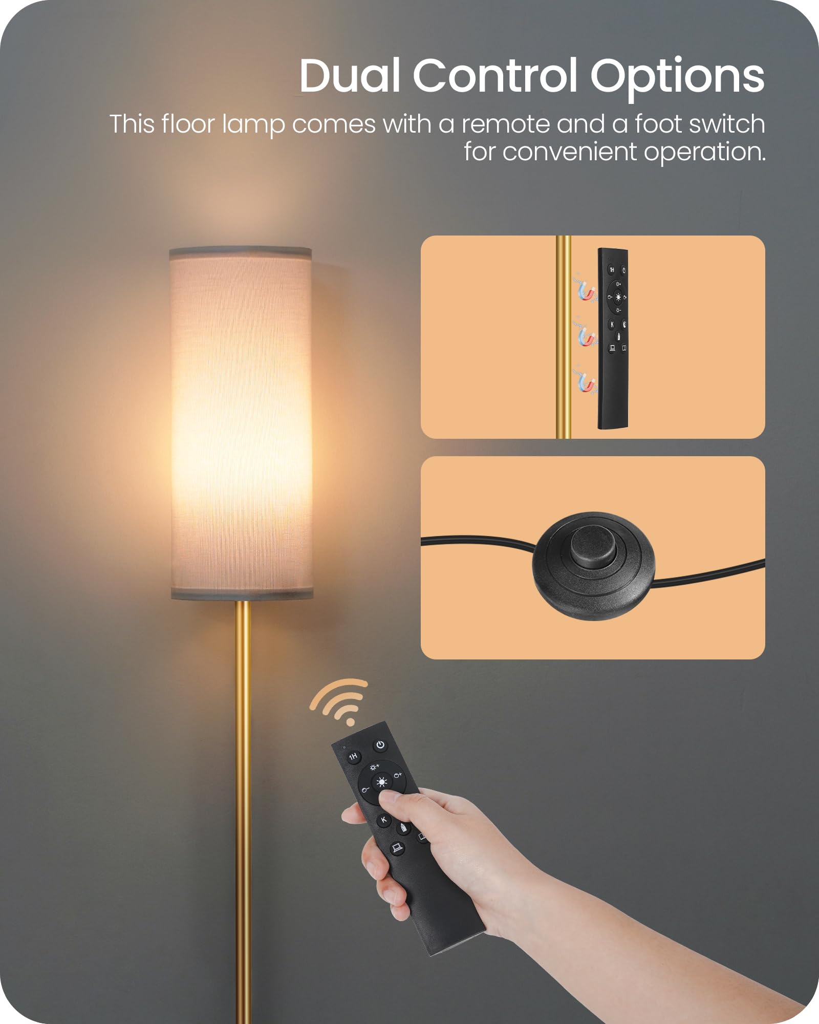Dimmable Floor Lamp For Living Room With Remote And Foot Switch, Corner Floor Lamp For Bedroom, 66'' Standing Tall Lamp, 10W 900