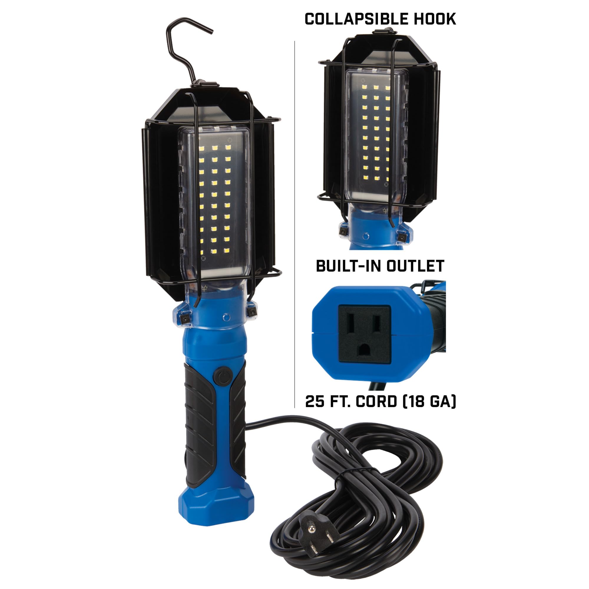 Performance Tool W2237 25' 18Ga 1,000 Lumen 120V Led Drop Light With Extra Built In 120V Outlet, 1 Pack