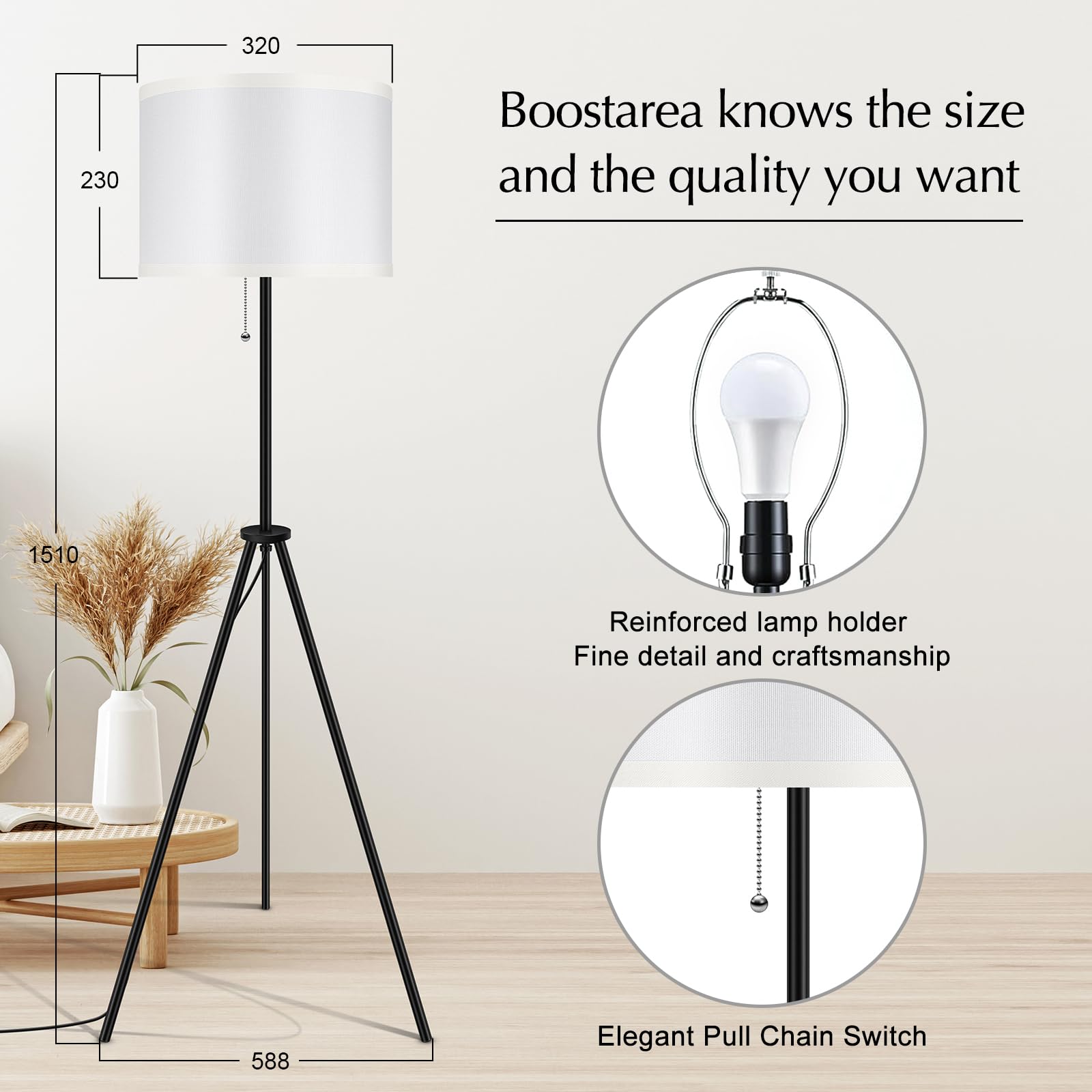 Boostarea Floor Lamp For Living Room, 59.5'' Tripod Floor Lamp, White Linen Lamp Shade, Mid Century Standing Lamp For Living Roo