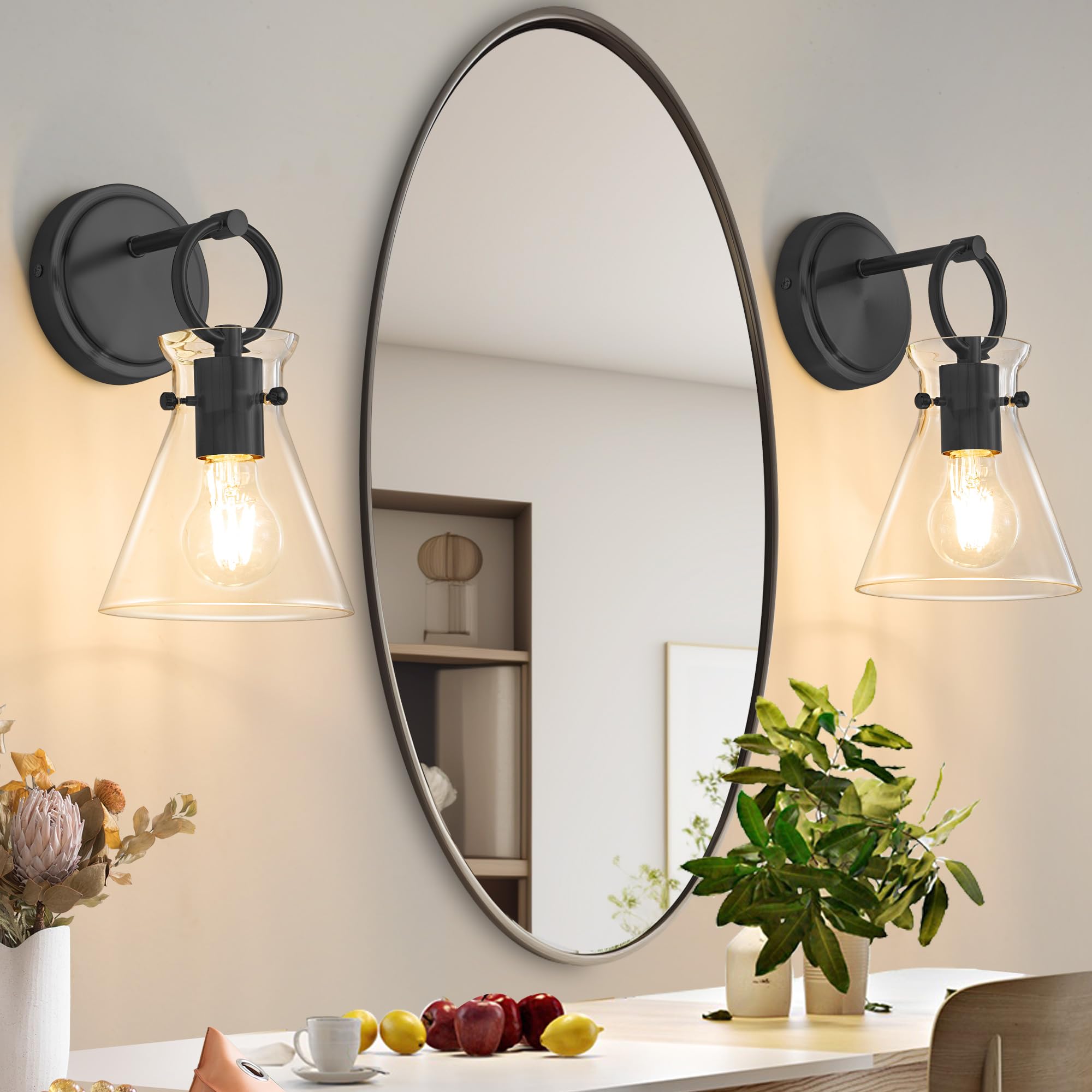 Gednbo Wall Sconces Set Of 2 Modern Vanity Light Fixtures For Bathroom Black Wall Mount Lighting Lamp Hardwired Farmhouse Wall Lights With 6 Inch Clear Glass Shade For Bedroom Living Room Mirror