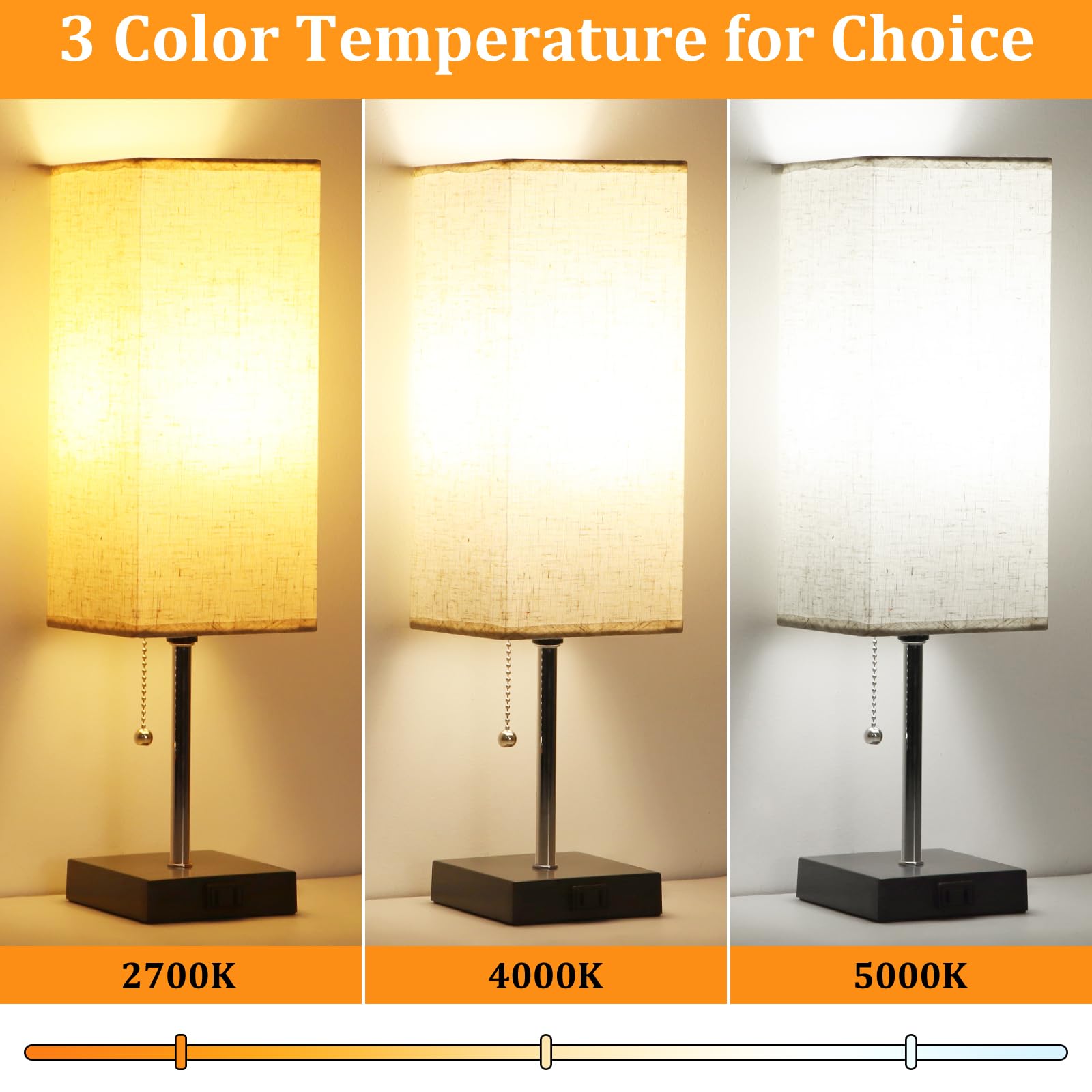 Dott Arts Table Lamp Set of 2, 3-Color with Pull Chain, 18in  Beige Nightstand Lamps for Bedroom, Living Room, Kids Office Decor