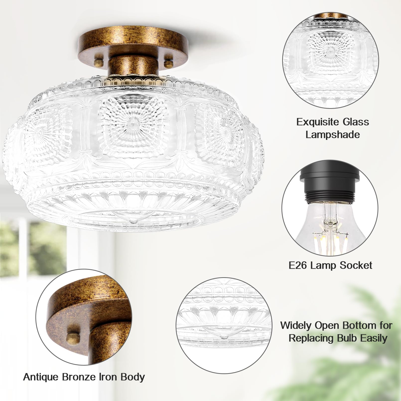 OYKYOHEI Semi Flush Mount Ceiling Light, Antique Bronze Glass, 11.03 inch, Vintage Style for Hallway, Kitchen, Bedroom, Dining Room