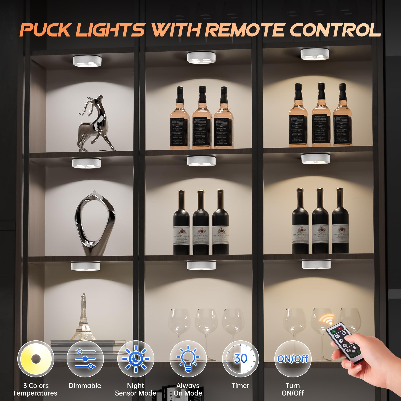 Lightbiz 3PCS Motion Sensor Closet Puck Light, Wireless Rechargeable, 3 Colors Light, 3 Pack with Stand, Model C930-3C-3PCS