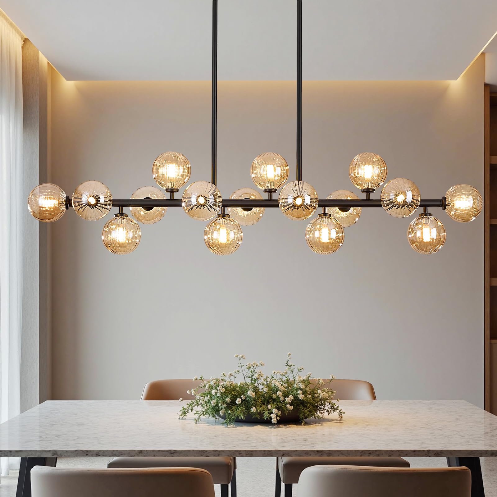 PiWWPi Large Linear Chandeliers for Dining Room Kitchen Island, 55 Long Light Fixture Over Table, 16-Light Modern Globe Sputnik 