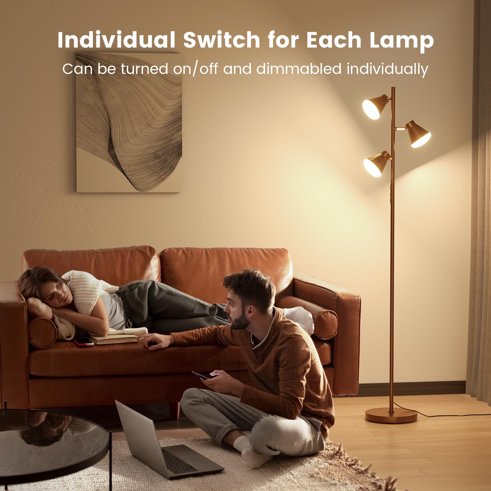 SIBRILLE 36W LED Tree Floor Lamp - Dimmable, Remote & Touch Control, Brown, Model H107812