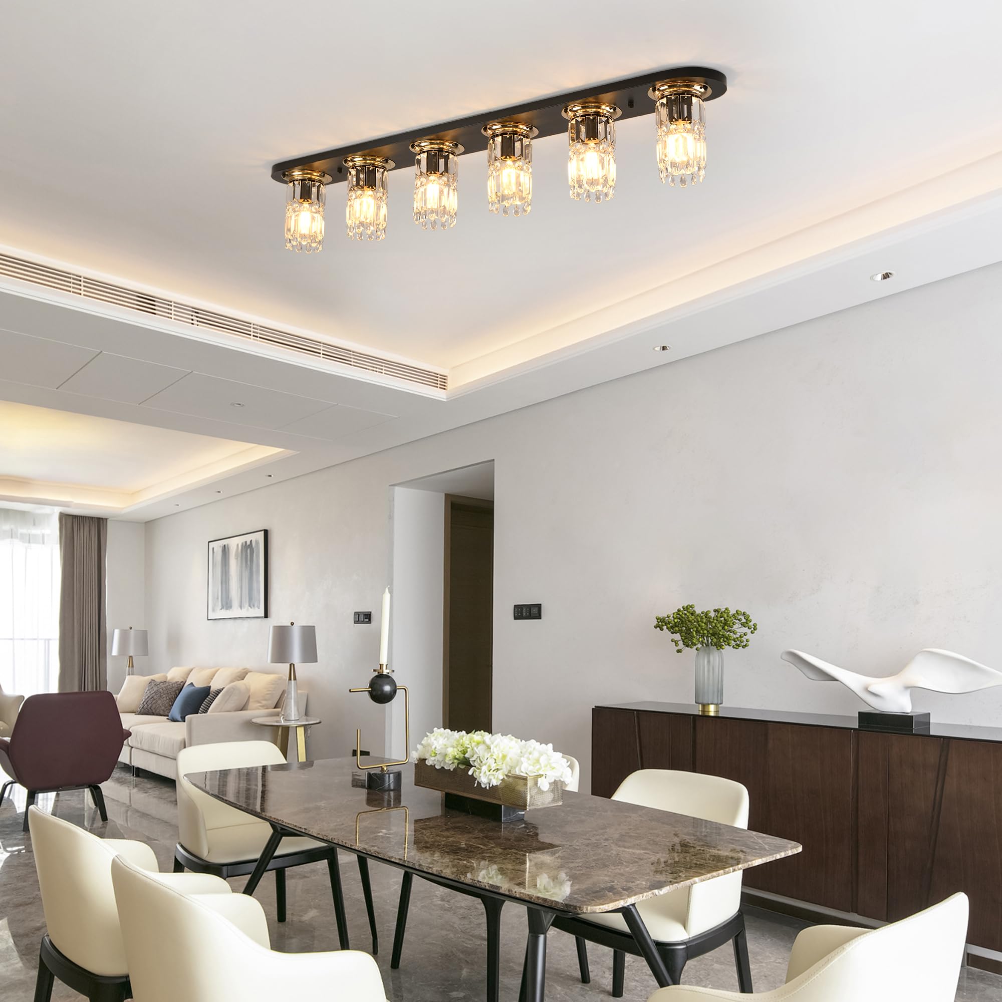 Garwarm 47.24 Inch Modern Crystal Flush Mount Ceiling Light Crystal Chandelier Black Dining Room Light Fixture Long Ceiling Lamp