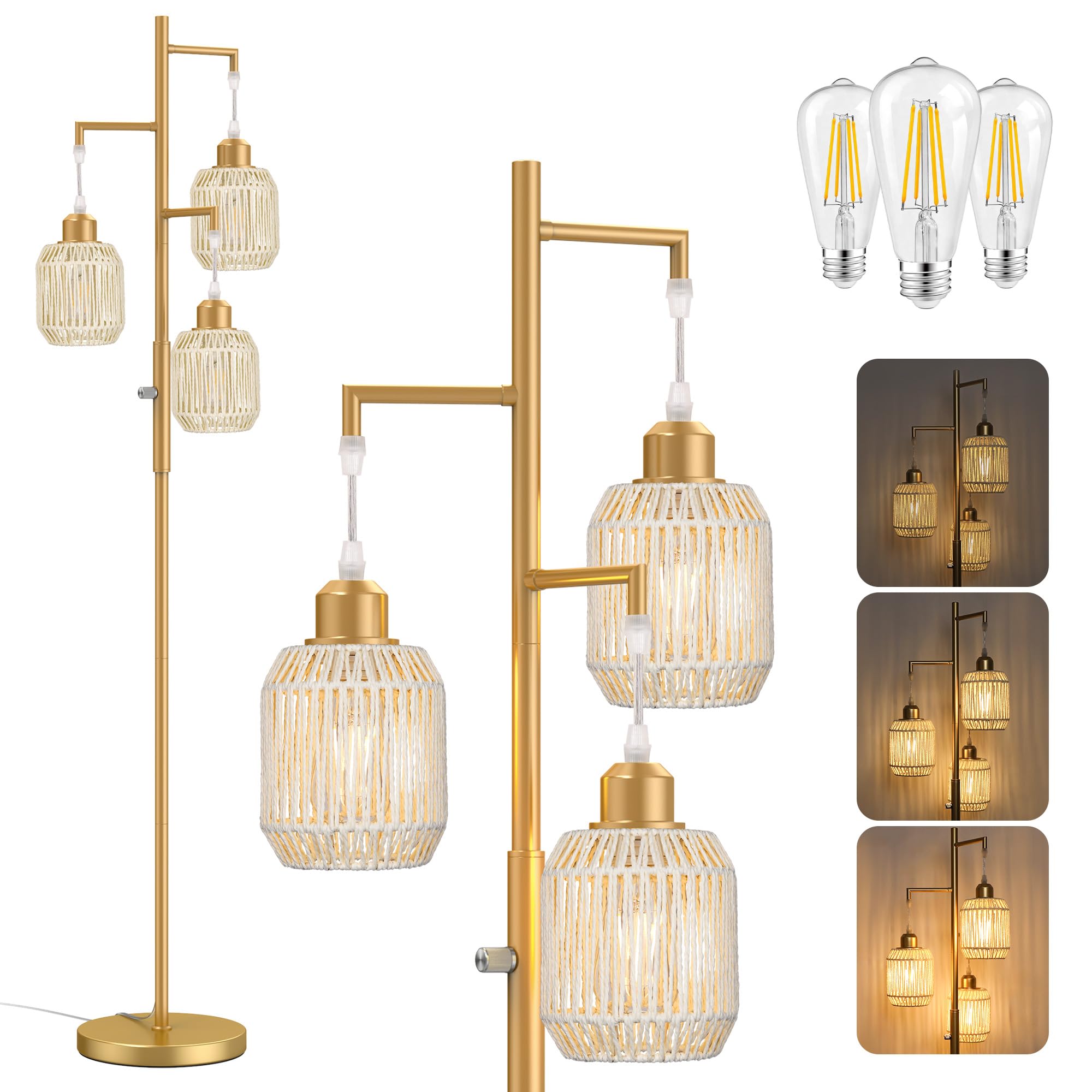 ROTTOGOON Dimmable Floor Lamp - 3-Light Rattan Design, 68in, Gold & White, Model ROFP125BZ1, Rustic Industrial Style for Living Room & Bedroom