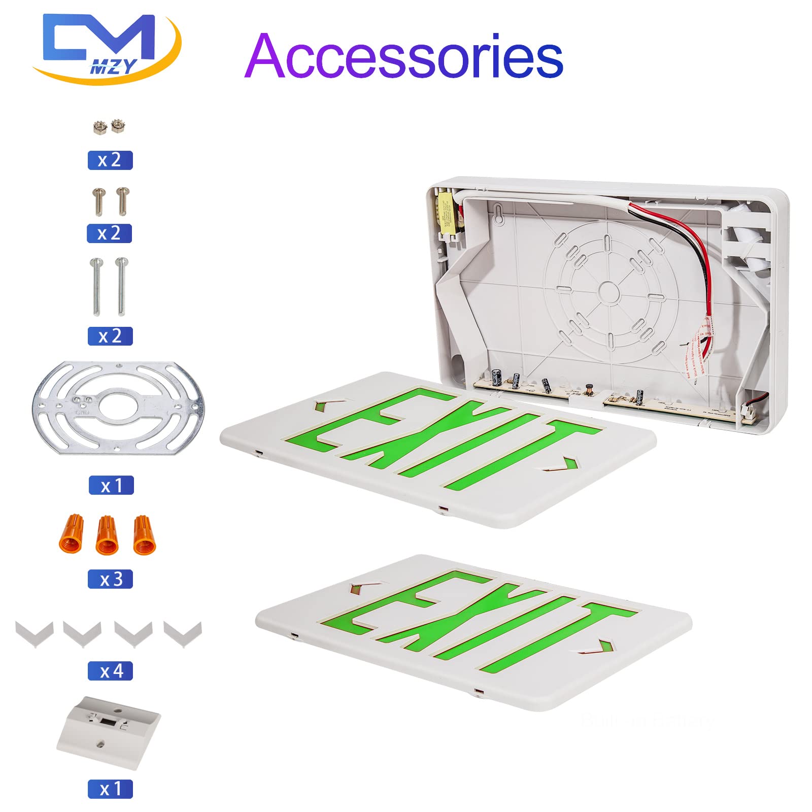 Cm Mzy Led Exit Sign With Emergency Lights,Exit Sign Light With Battery Backup, Double Side Green Letter Commercial Emergency Exit Sign Lights,Ac 120-277V, Ul Certified,2Pcs