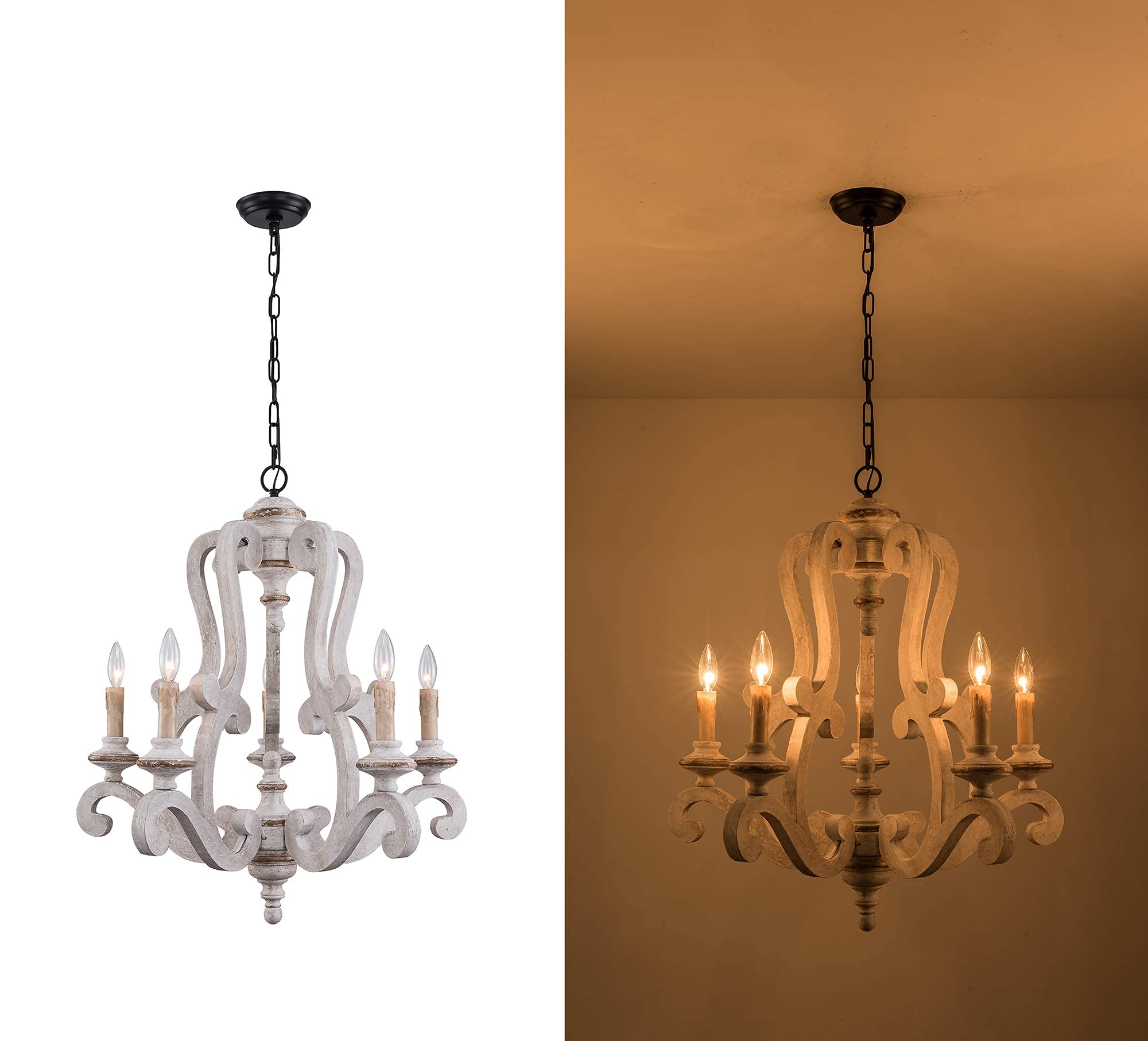 Chords Attic Farmhouse Distressed White Wooden Chandelier, 5 Candle Lights, Adjustable Chain, Model 4004