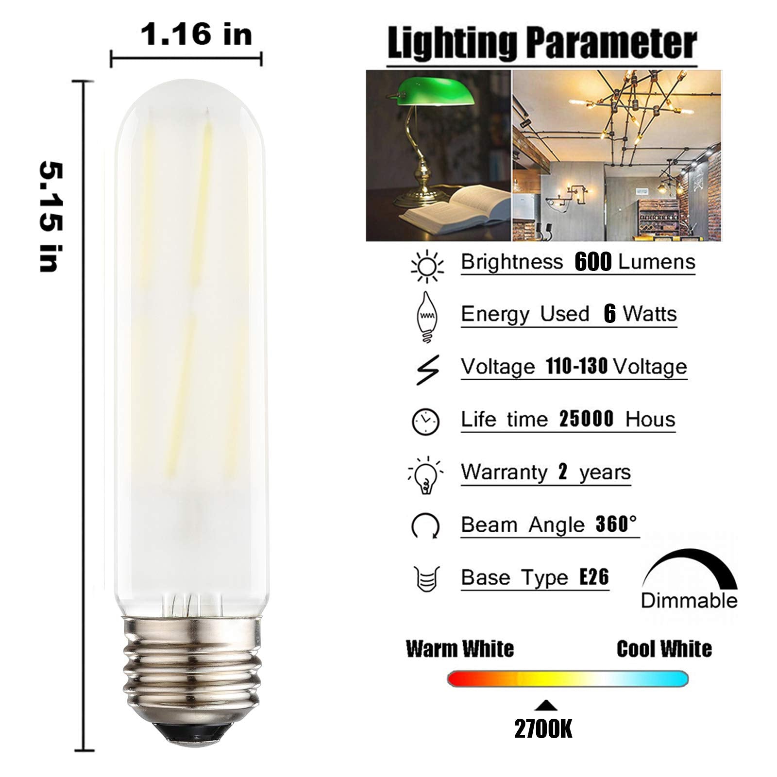 XININSUN T10 LED Bulbs, Dimmable 6W, 60W Equivalent, Warm White 2700K, Glass, 3-Pack