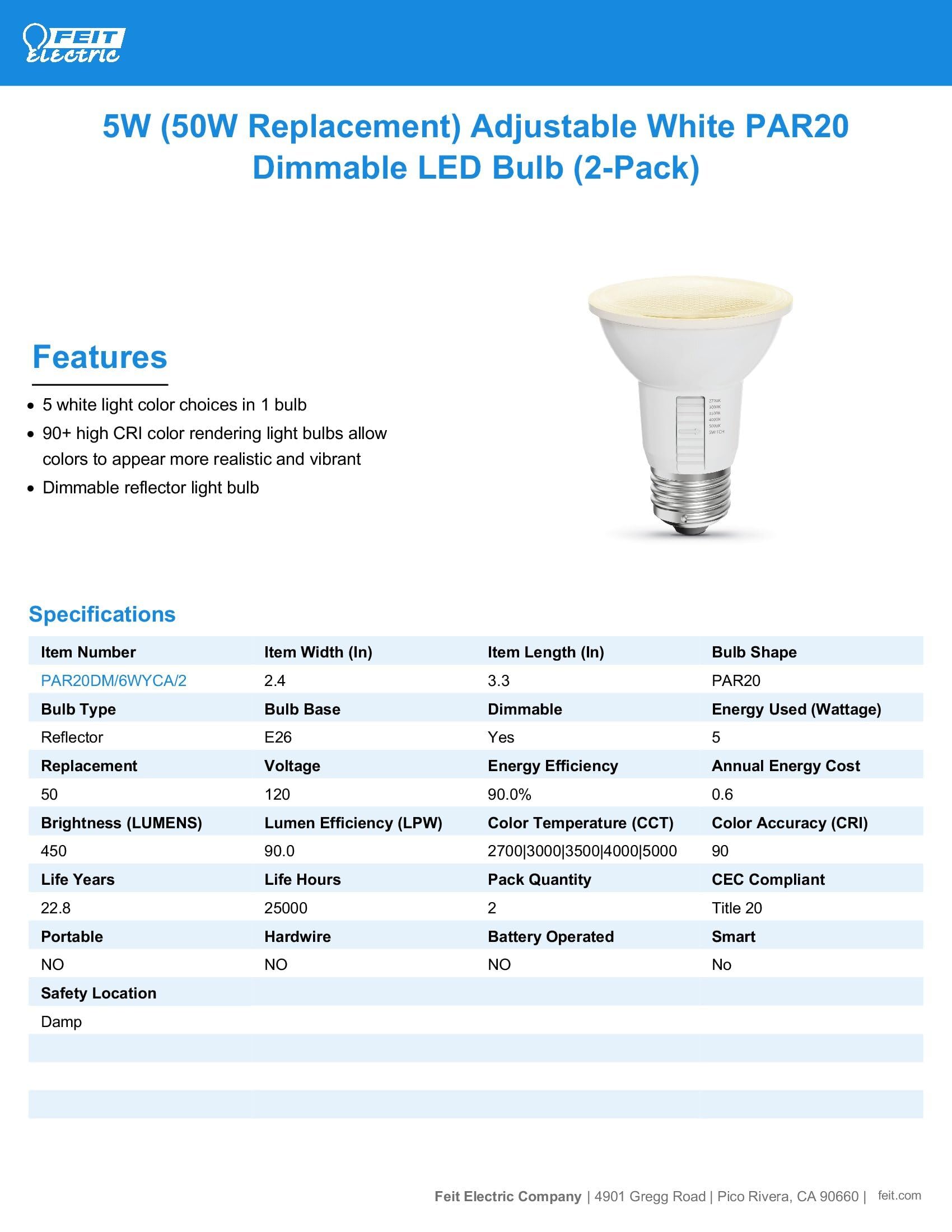 Feit Electric PAR20 LED Light Bulb, Dimmable, 50W Equivalent, 450 Lumens, 6-Way Color Selectable, E26 Base, 22-Year Lifetime,