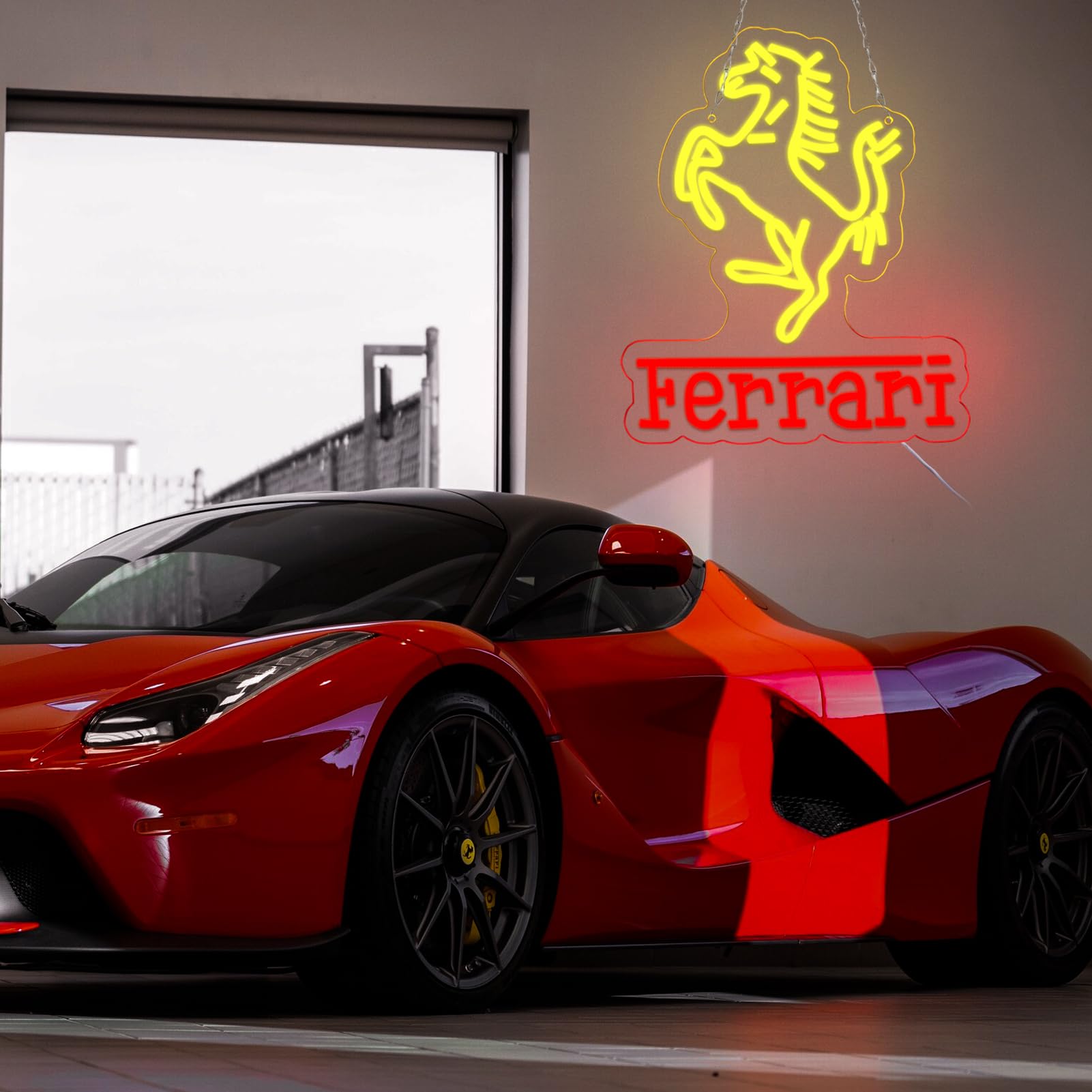 WonderfulLife Neon Car Logo Sign - LED Garage Decor, Ferrari Model, Plastic, Easy Hanging, Bright Light for Man Cave & Bar