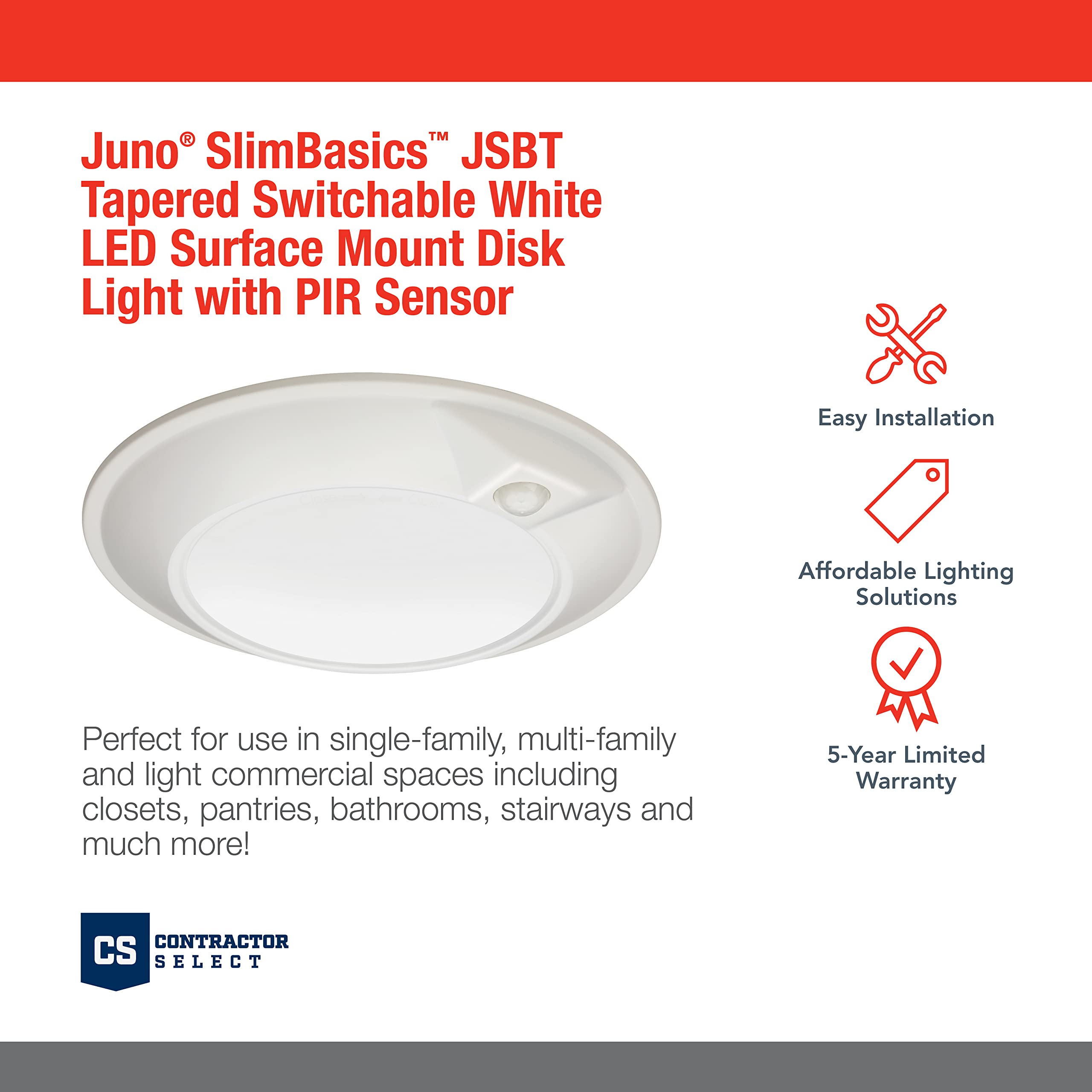 Juno Jsbt 6-Inch Slimbasics Tapered Disk Downlight, Switchable + Pir Sensor, White (1 Pack)