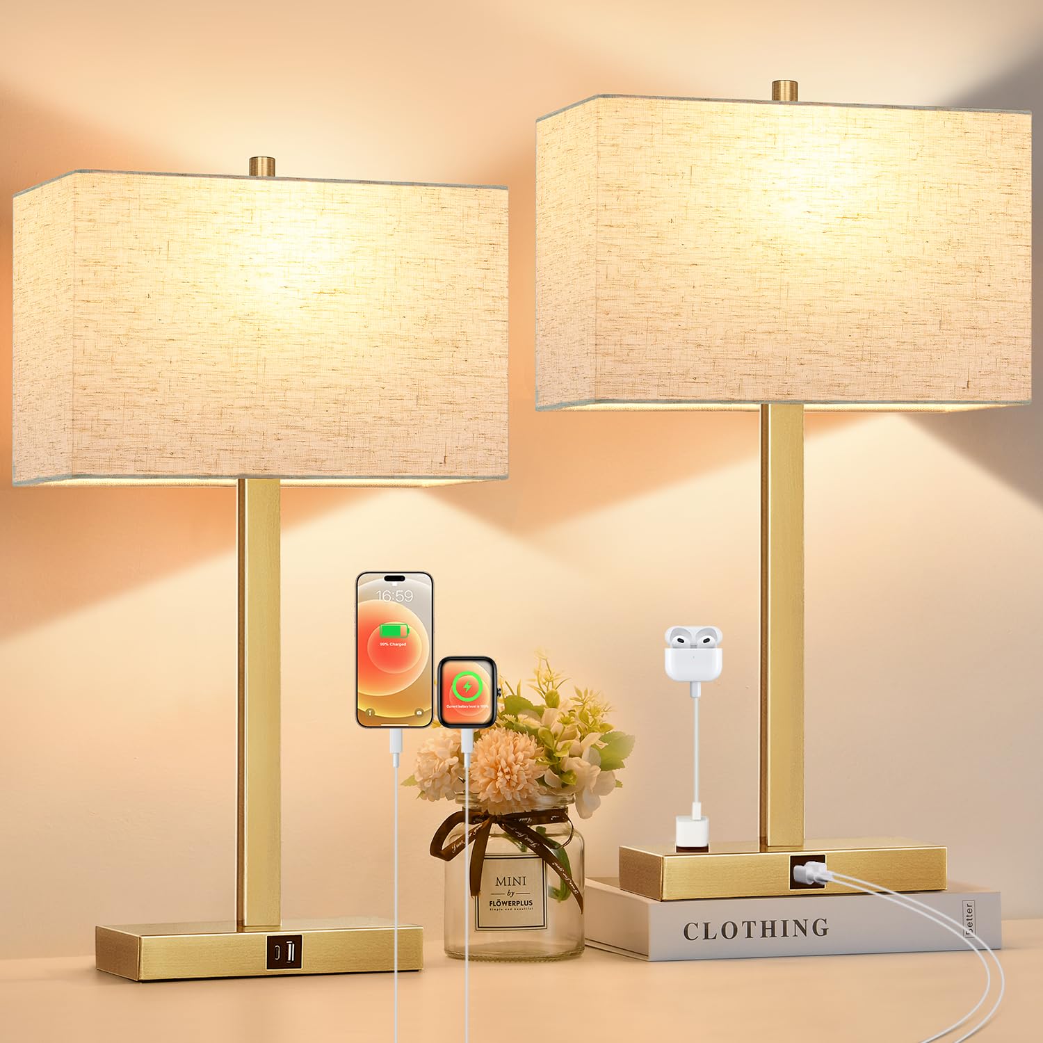 Lynnoland 21 Set of 2 Table lamp with USB A+C & AC Outlets, Touch Control 3-Way Dimmable Nightstand Lamps for Living Room Bedroo