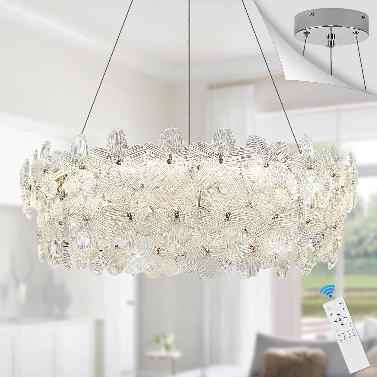 Poemoon 32'' Flower LED Chandelier Large Luxury Crystal Light Fixture Chrome Dimmable Modern Chandeliers Light with Remote Contr