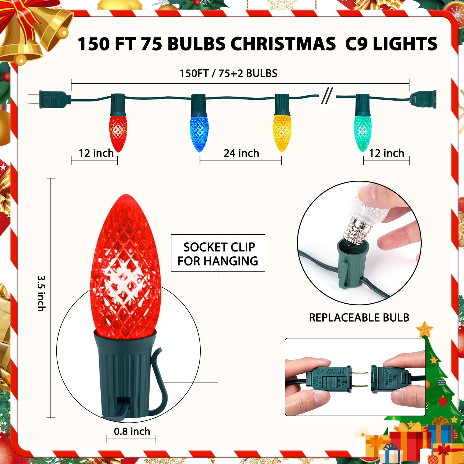 Minetom C9 LED Christmas String Lights - 150 FT Waterproof Multicolor - Heavy Duty UL Certified for Indoor/Outdoor Decor