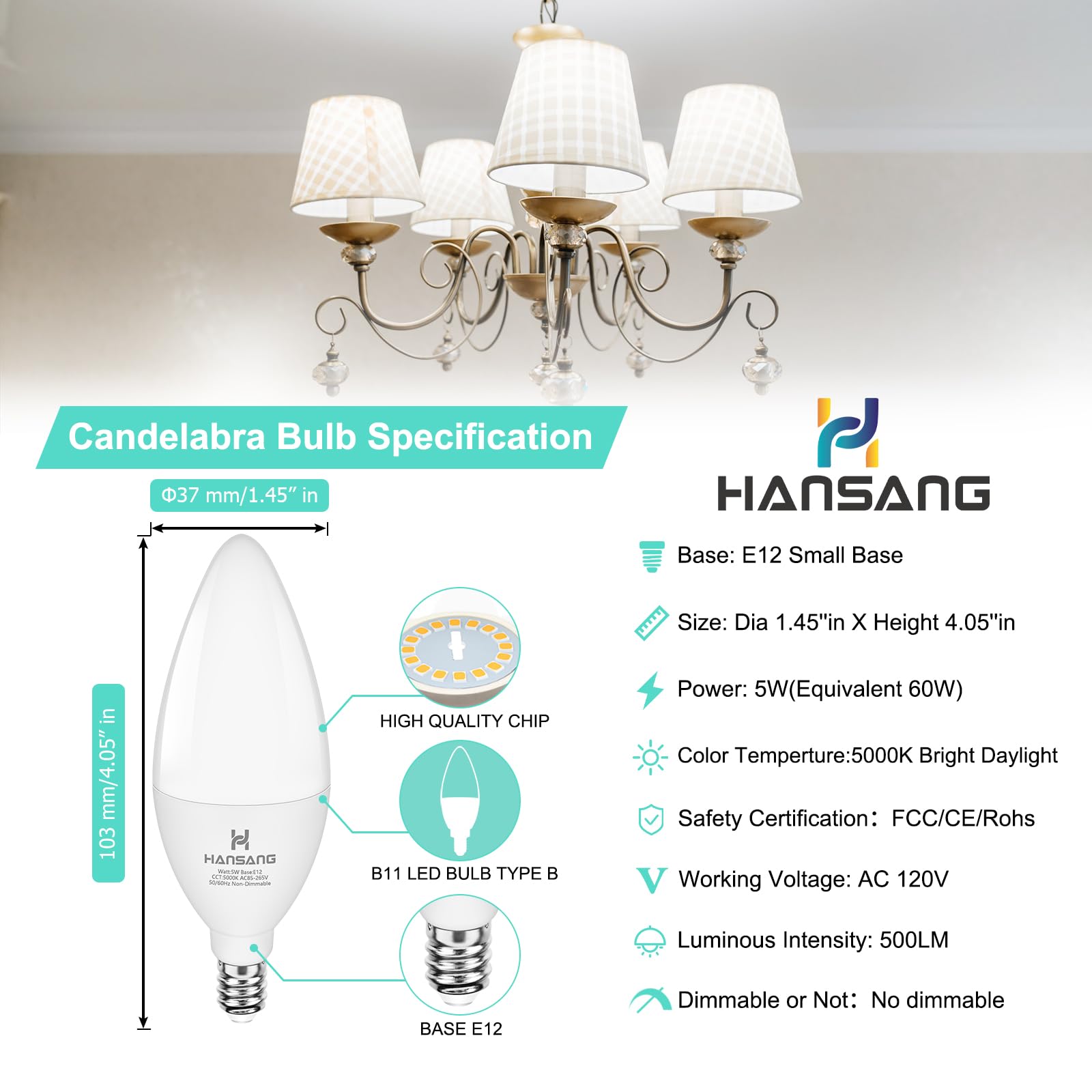 Hansang E12 Led Light Bulbs 5000K Bright Daylight, 60W Type B Light Bulb, Small Candelabra Base B11 Led Bulb For Chandelier, Cei