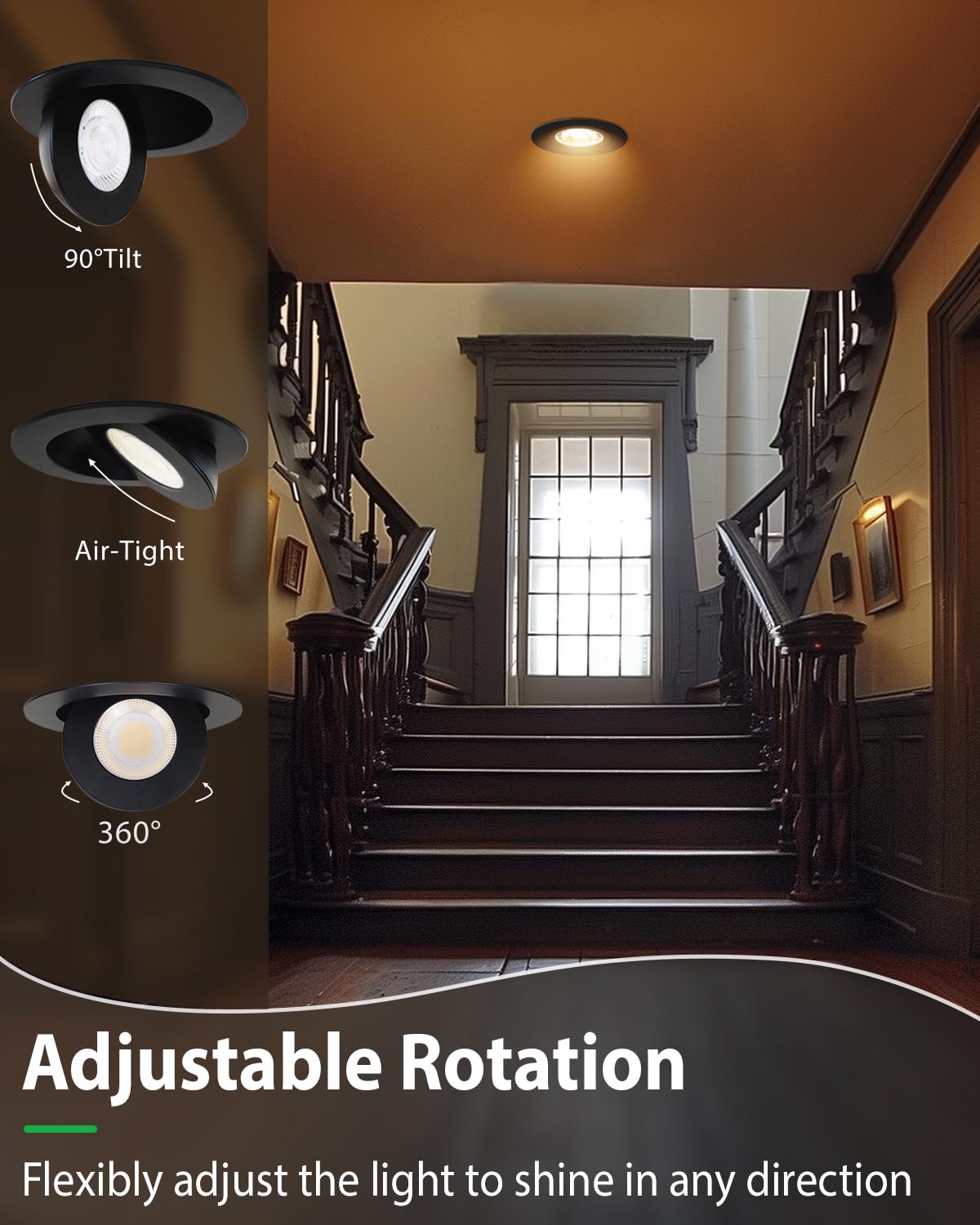 Zouzai 6 Inch 5Cct Gimbal Black Led Recessed Lights  360+90 Adjustable Directional Recessed Lighting  2700K-5000K Dimmable Retrofit Eyeball Can Lights With Jbox  Etl&Energy Star(Black 1 Pack)