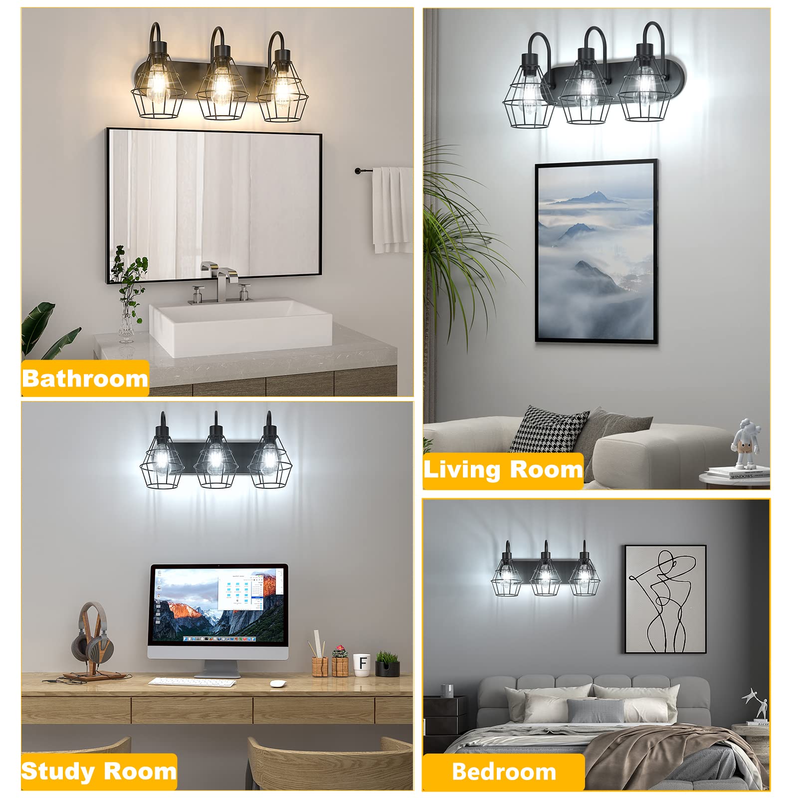 Elibbren Industrial Bathroom Vanity Light, 3-Light, Metal, Black, UL Listed, Model 3toutuoyuanbidegn
