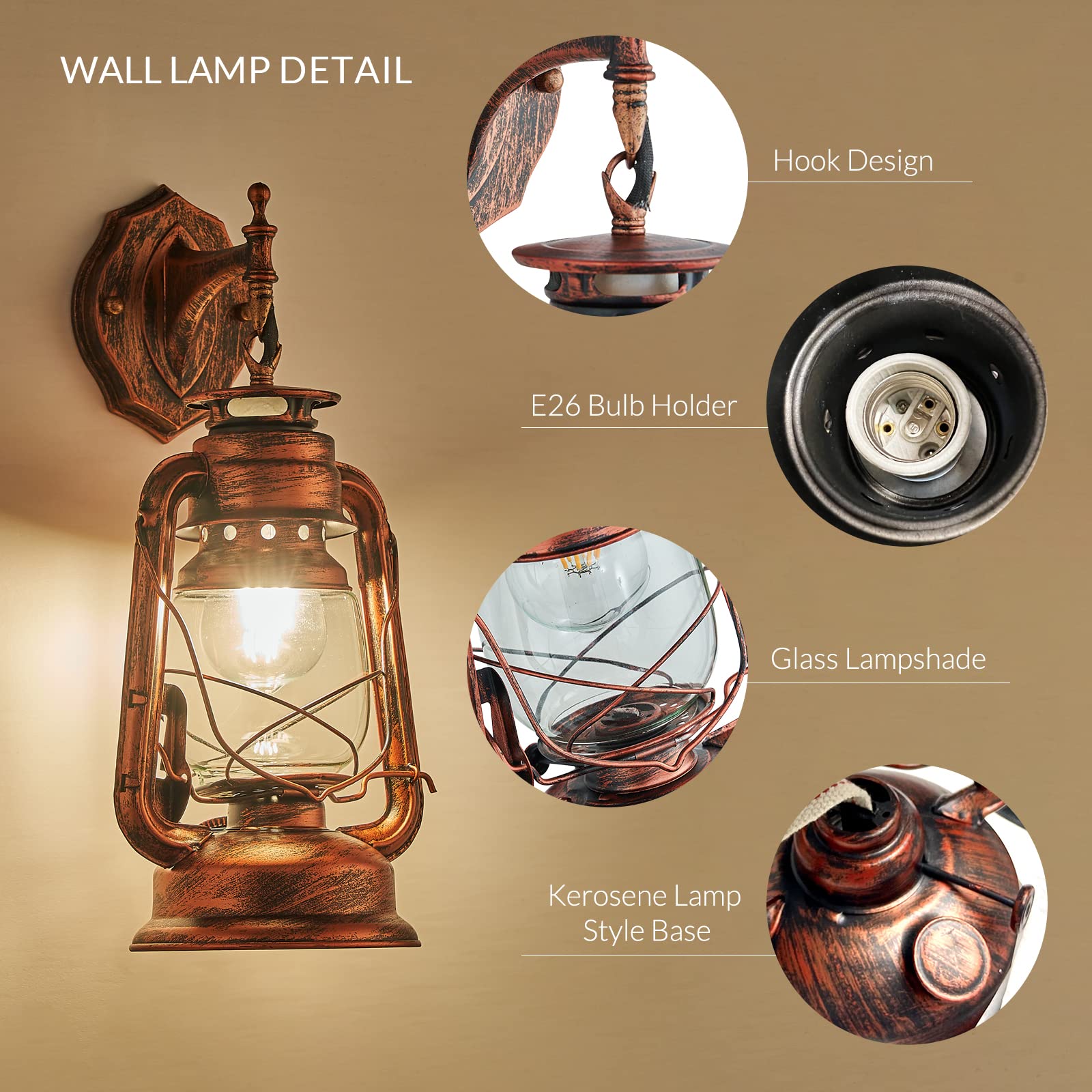 NOXARTE Rustic Wall Sconce Lantern - Iron, Anti Copper, Model YJ8554, 7"W x 15"H, Glass Lampshade for Hallway, Farmhouse, Loft