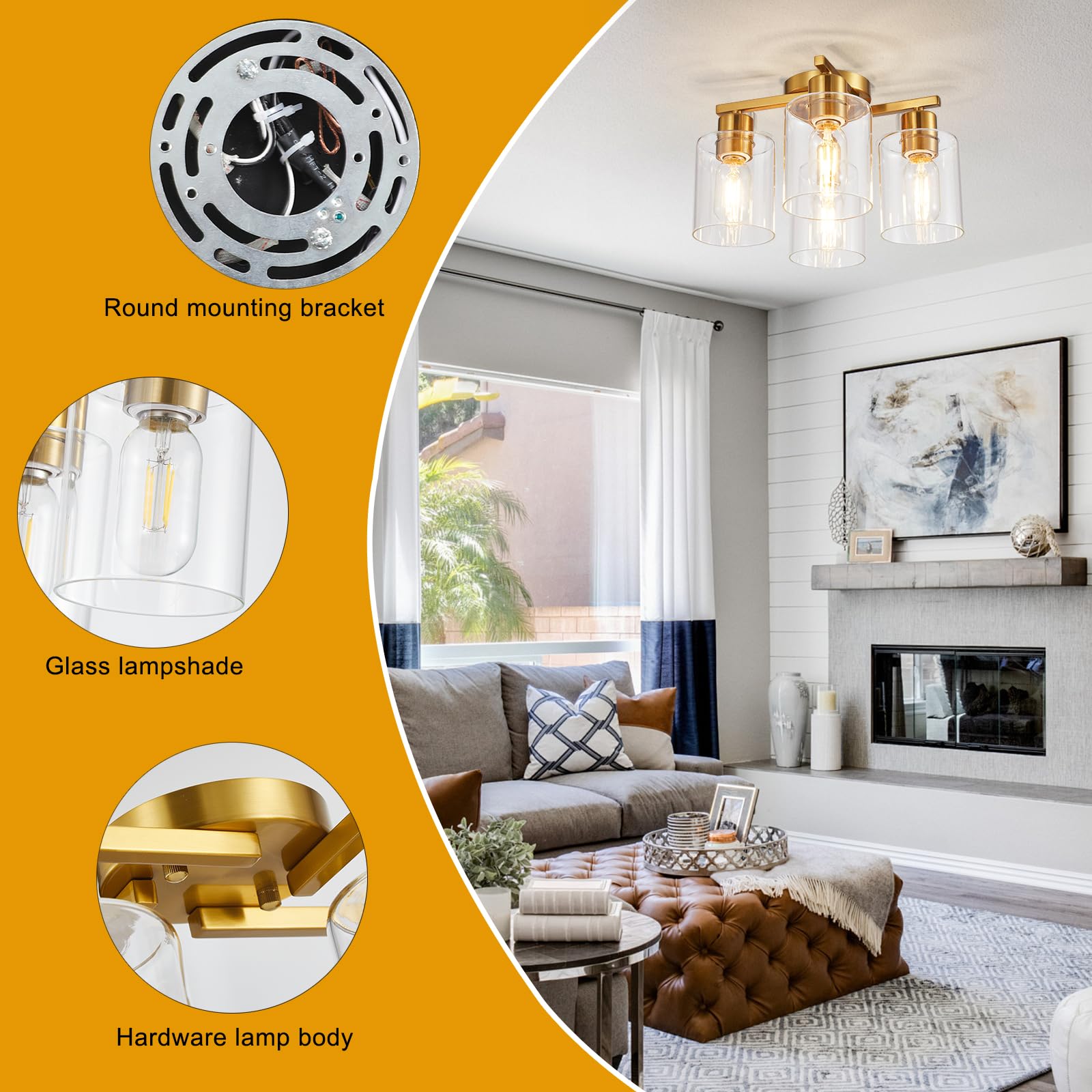 Diduio 4 Light Semi Flush Mount Ceiling Light Brushed Gold Kitchen Lighting Fixtures Ceiling Brass Hallway Cieling Lights Fixtur