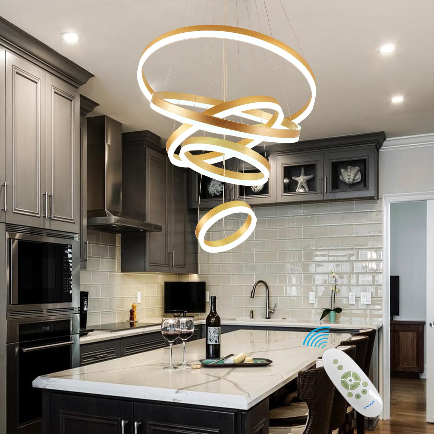Modern Gold Chandelier,Gold Modern Led Pendant Light 5 Ring Dimmable Led Chandelier For Dining Room Light Fixture For Kitchen Island Lighting Over Table, Height Adjustable Dining Room Chandelier