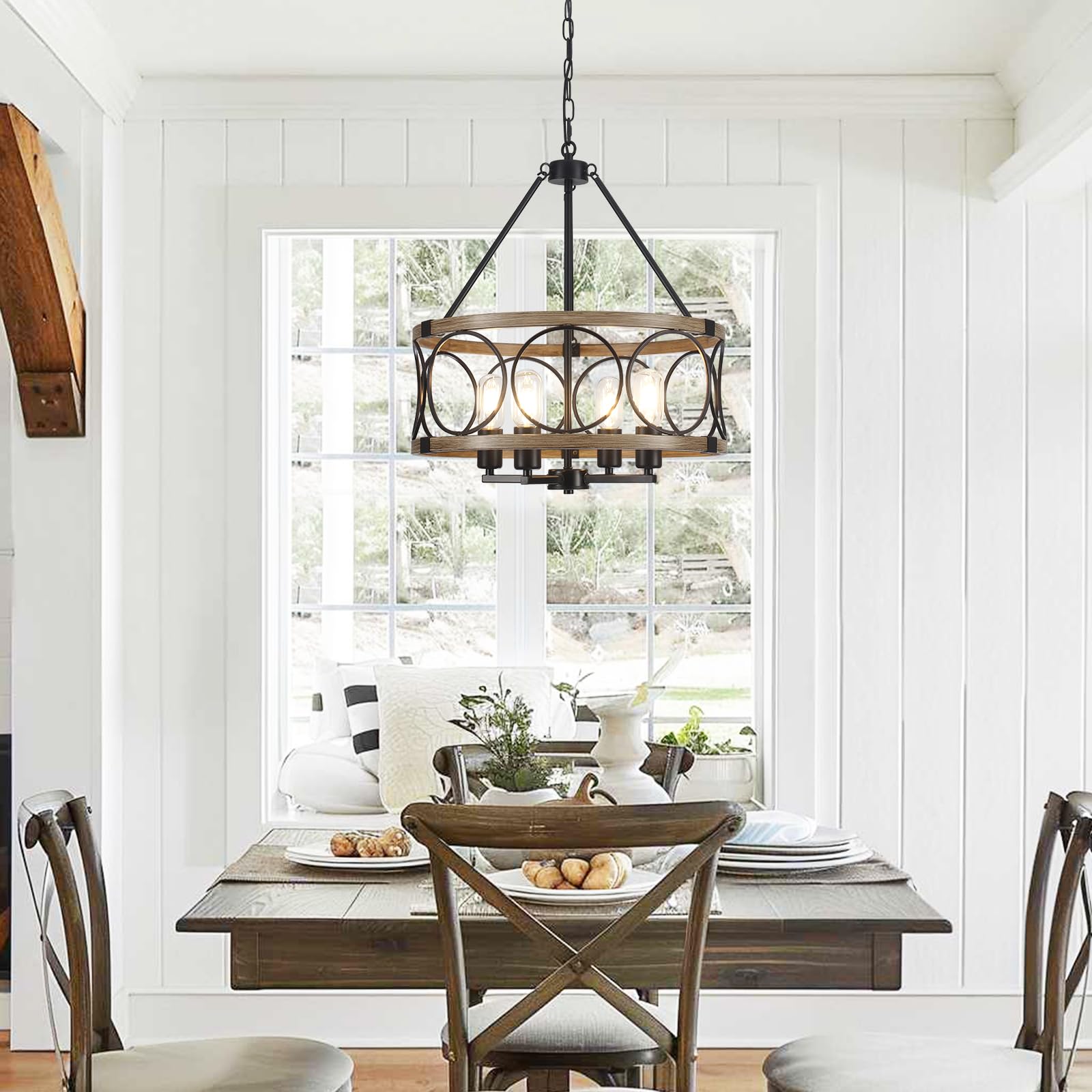 Farmhouse Chandelier For Dining Room Light Fixture 4-Light 17.71    Rustic Black And Brown Metal Wood Grain Round Pendant Kitche