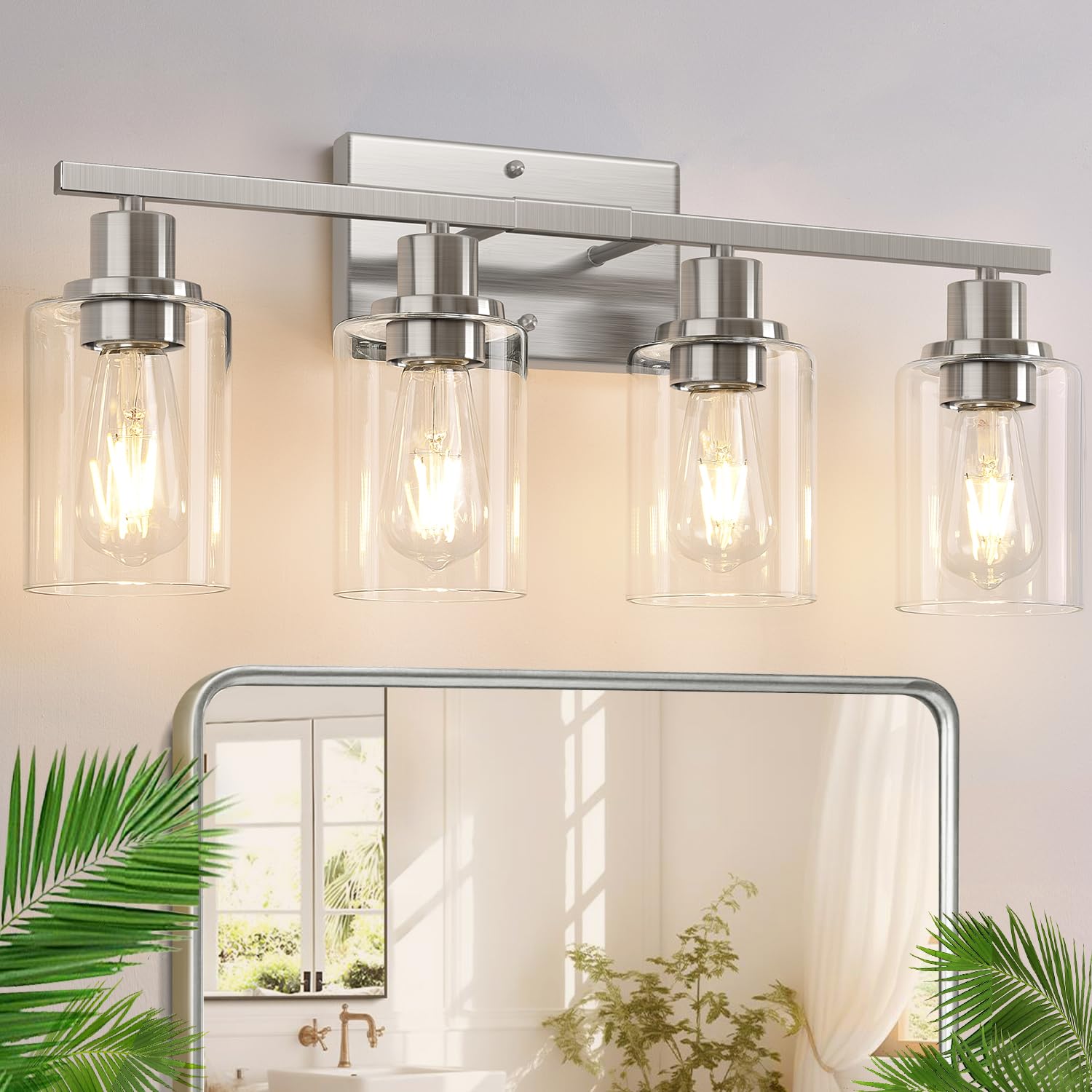 Indoi 4-Light Bathroom Light Fixtures, Brushed Nickel Vanity Lights With Clear Glass Shades, Modern Bathroom Wall Lamp For Mirro