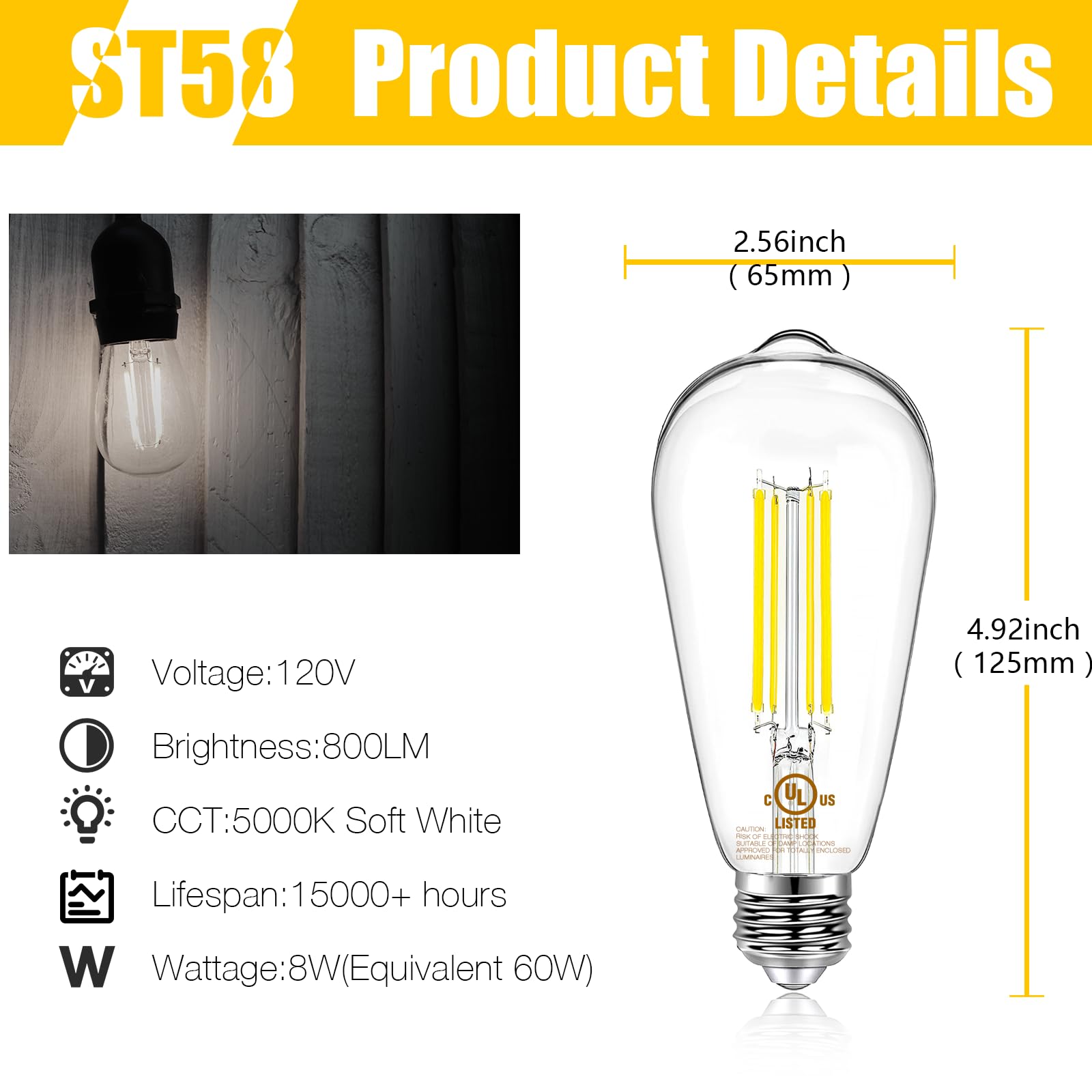 Daybetter 10 Pack Led Lights, Vintage Led Edison Bulbs 60 Watt Equivalent, St58 Antique Led Filament Light Bulbs, E26 Dimmable Led Bulb With Natrue White 5000K, Brightness 8W, 800Lm, Clear Glass