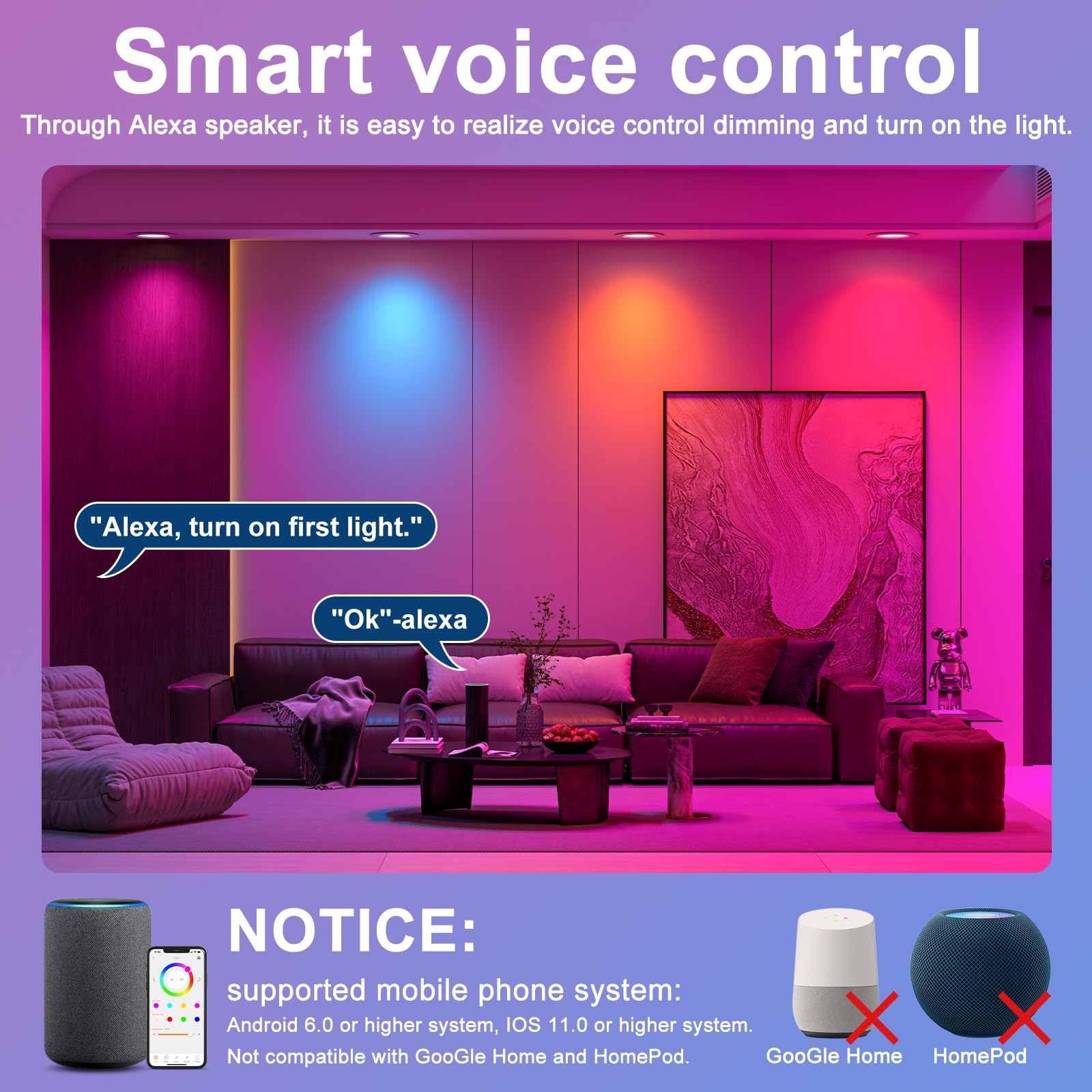 Smart Recessed Lighting 6 Inch Rgbcw Color Changing 16W Led Recessed Ceiling Light With Junction Box,1350Lm Canless Wafer Downli