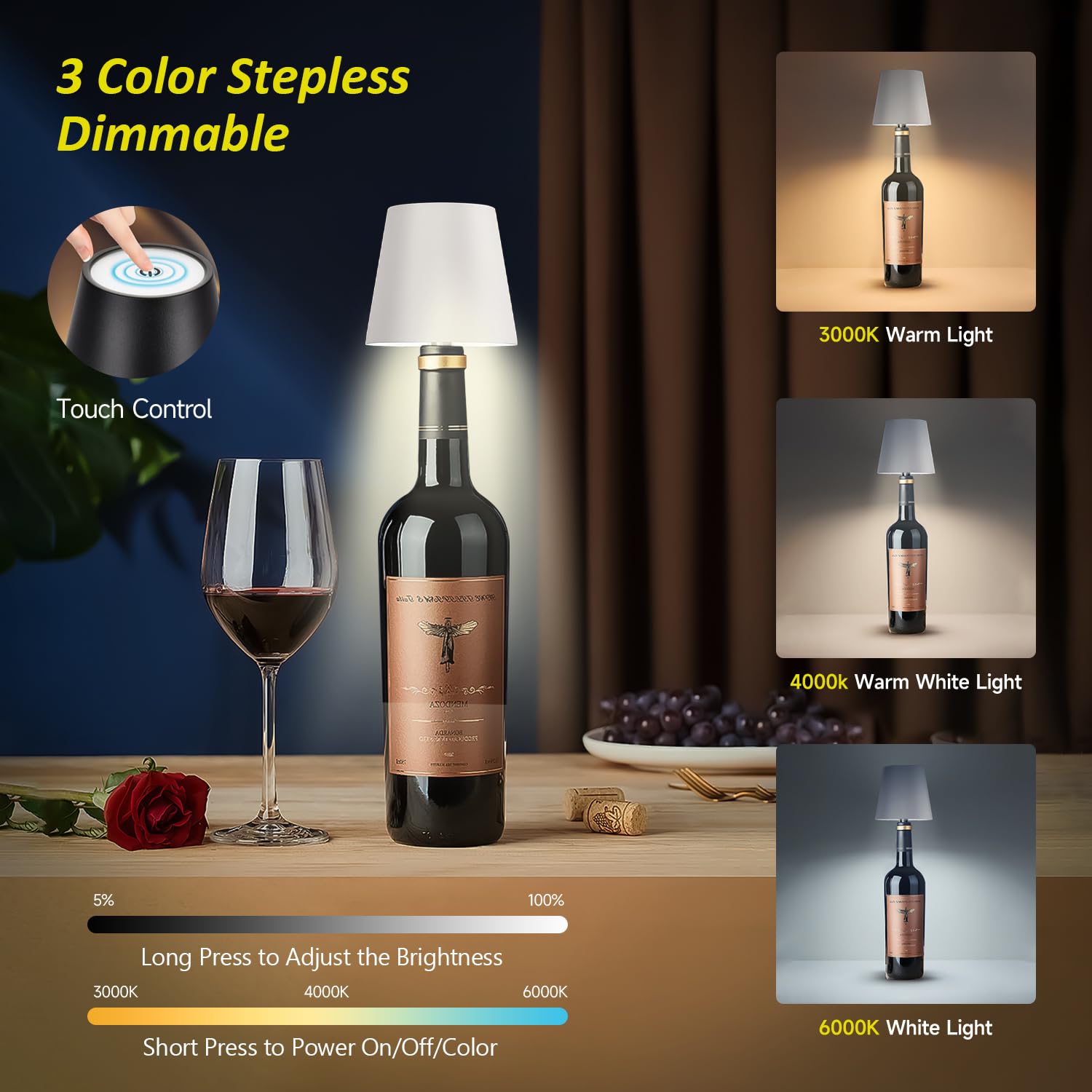 Hoide Wireless Bottle Lamp - LED Touch-Dimmable Night Light Kit, 5.7in, White, Plastic
