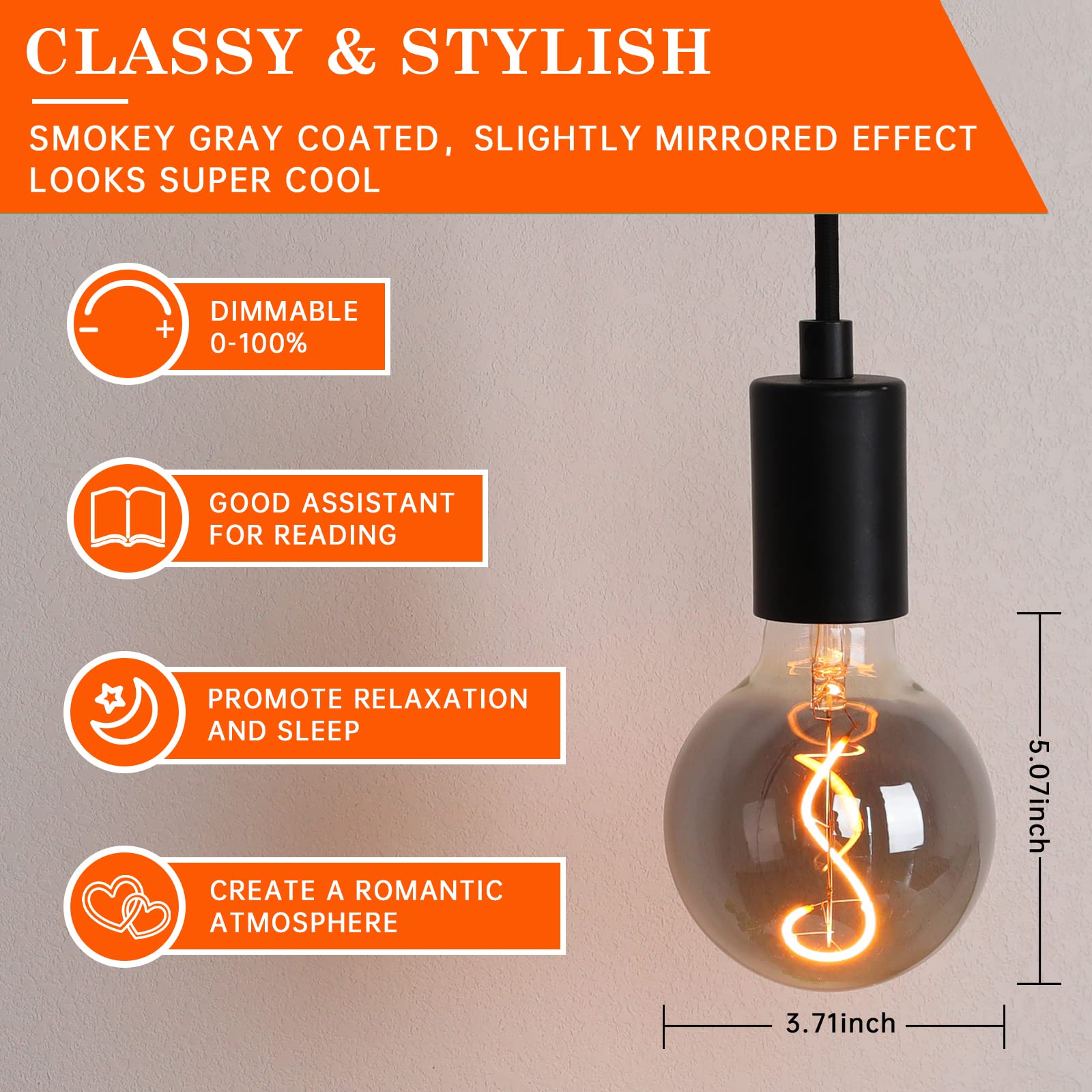 Omed G95/G30 Smoke Grey Large Globe Led Edison Light Bulb, 4W 2200K Warm White Dimmable Decorative Light Bulb 40 Watt Equivalent