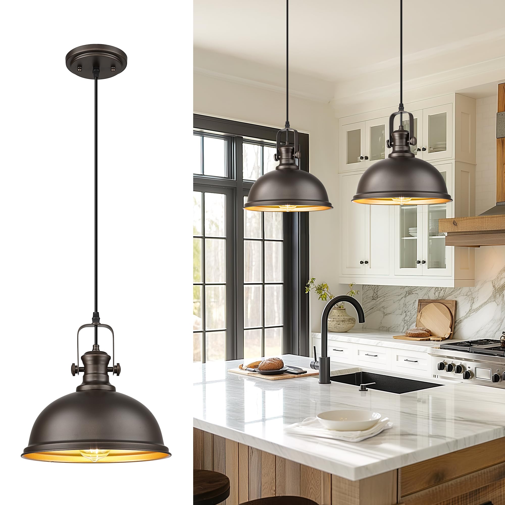Audickic Pendant Lights Kitchen Island, Farmhouse Hanging Lights Fixtures with Metal Shade, Rustic Kitchen Pendant Lighting Over