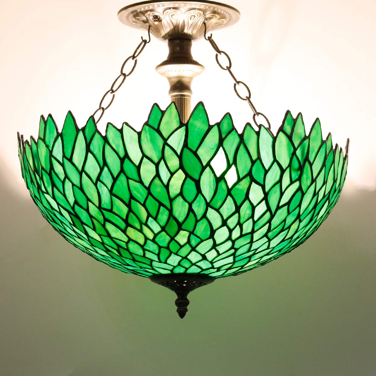 WERFACTORY Tiffany Ceiling Light Fixture, Green Wisteria Stained Glass, Semi Flush Mount, 16 Wide x 15 High, S523 Series, Large