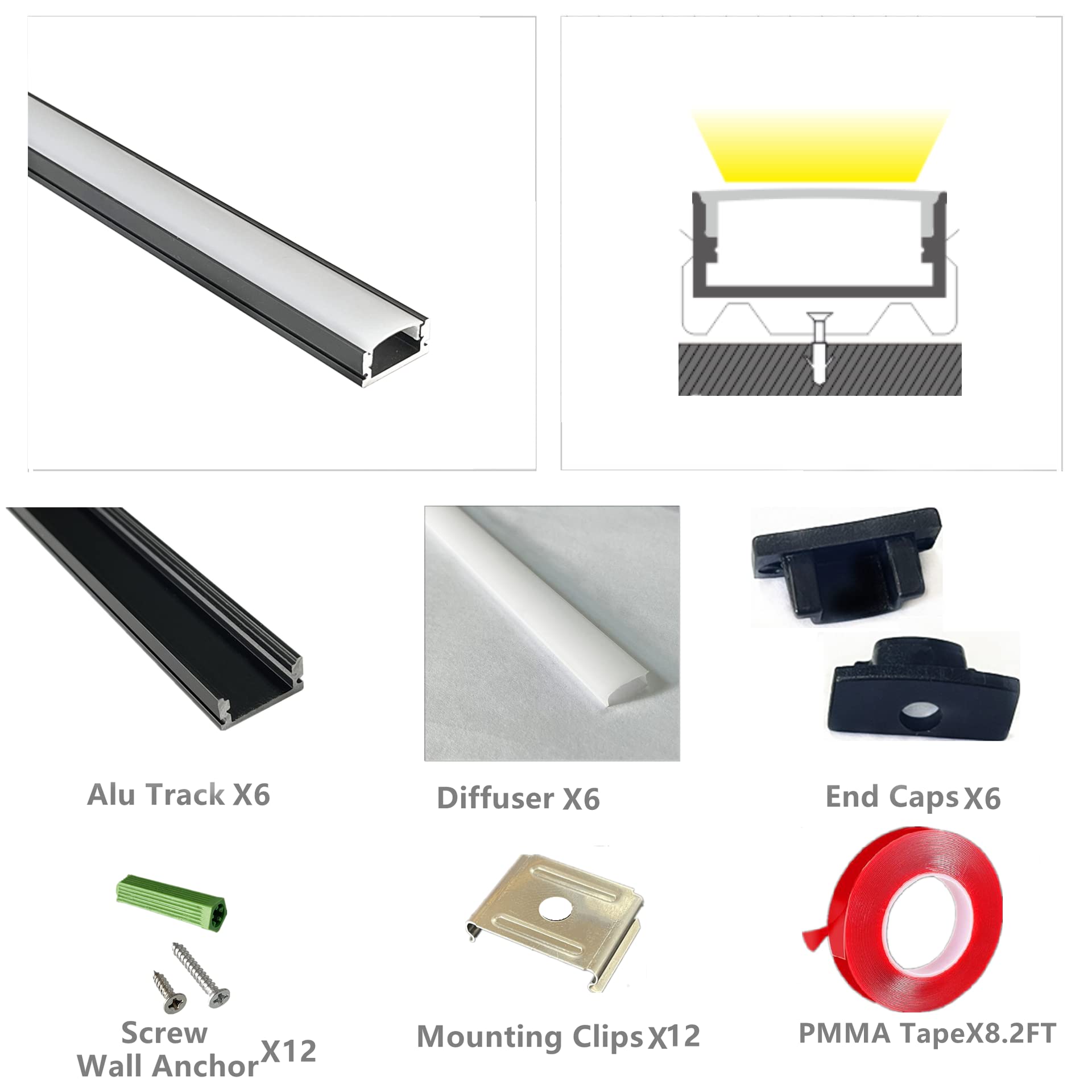 Thmoother Led Strip Black U Channel Diffuser 6-Pack 1Ft,17X7.5Mm Surface Mounted Aluminum Track With Uv Resistance Milky Cover C