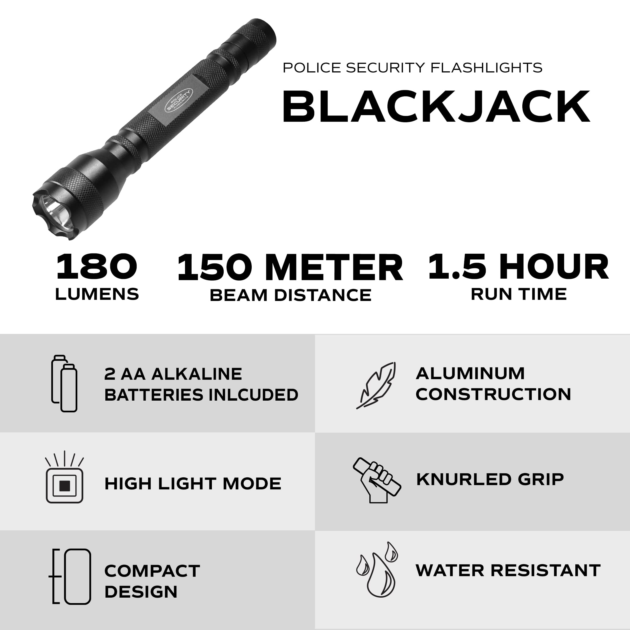 Police Security Blackjack 2Aa Flashlight - Tactical Led Ultra Bright - 140 Lumens - Small, Efficient, Rugged, & Dependable - Water Resistant - Everyday Carry