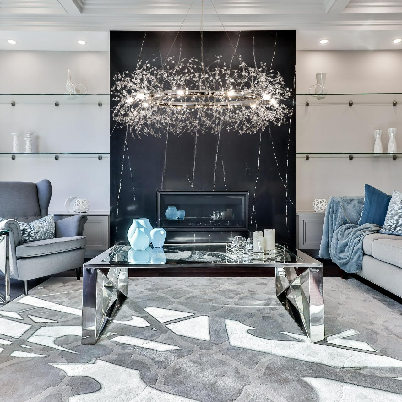 Modern Crystal Silver Chandeliers,Chrome Dining Room Chandelier Light Fixture Round,Large Living Room Chandelier,Crystal Ceiling