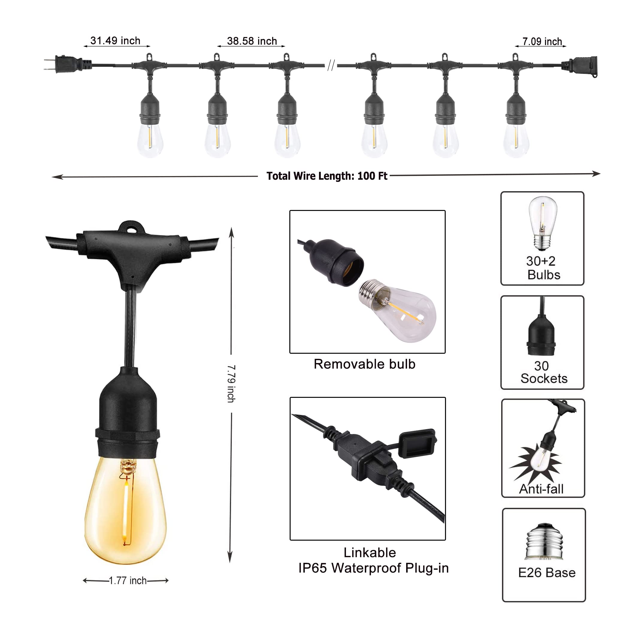 Outdoor String Lights Led 100Ft Patio Lights With 32 Shatterproof S14 Dimmable Plastic Vintage Edison Bulbs And Commercial Grade