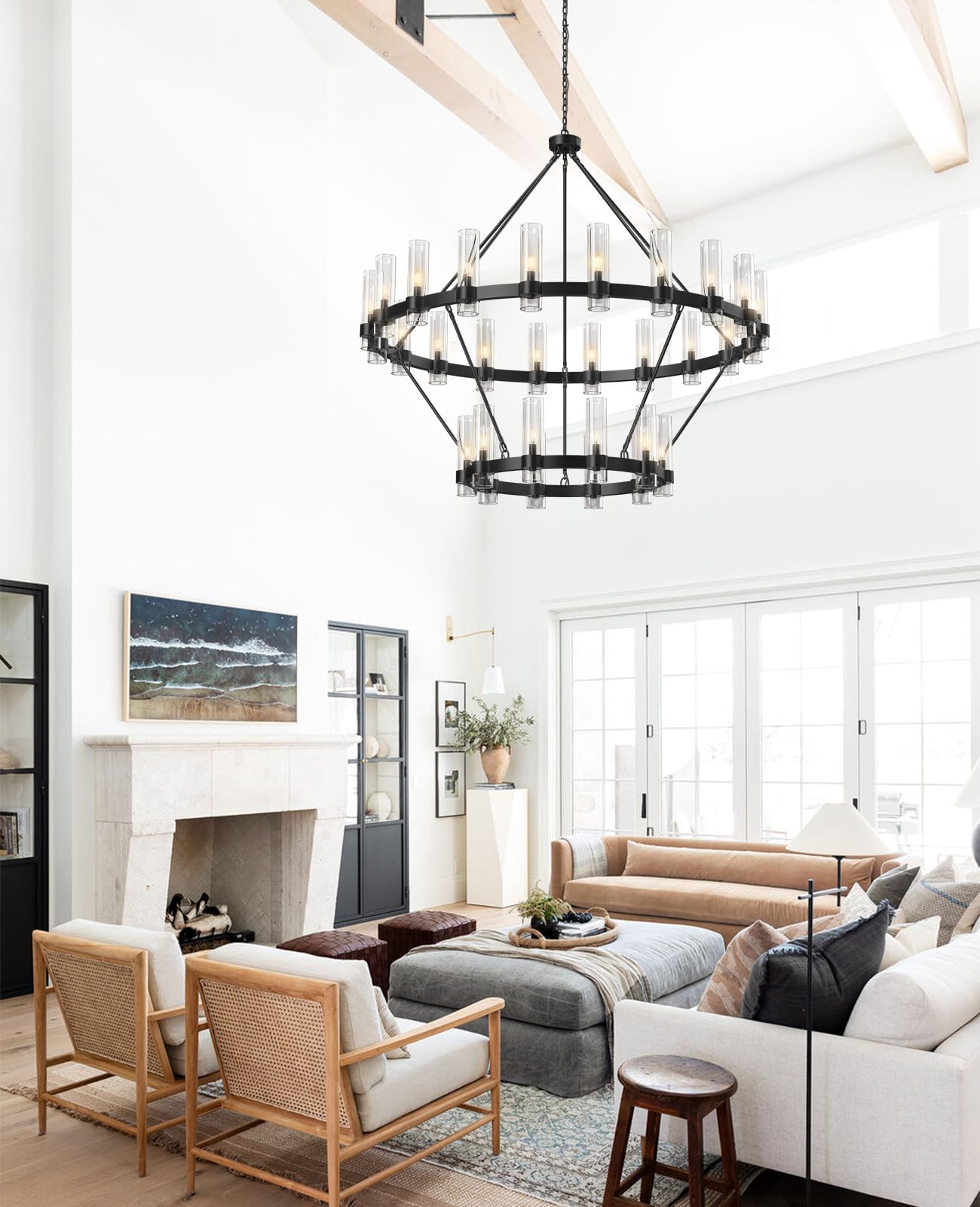 Yiosi Wagon Wheel Chandelier, 30-Lights Black Chandelier With Glass Shade,60 Inch Large Round Industrial High Ceilings Pendant L