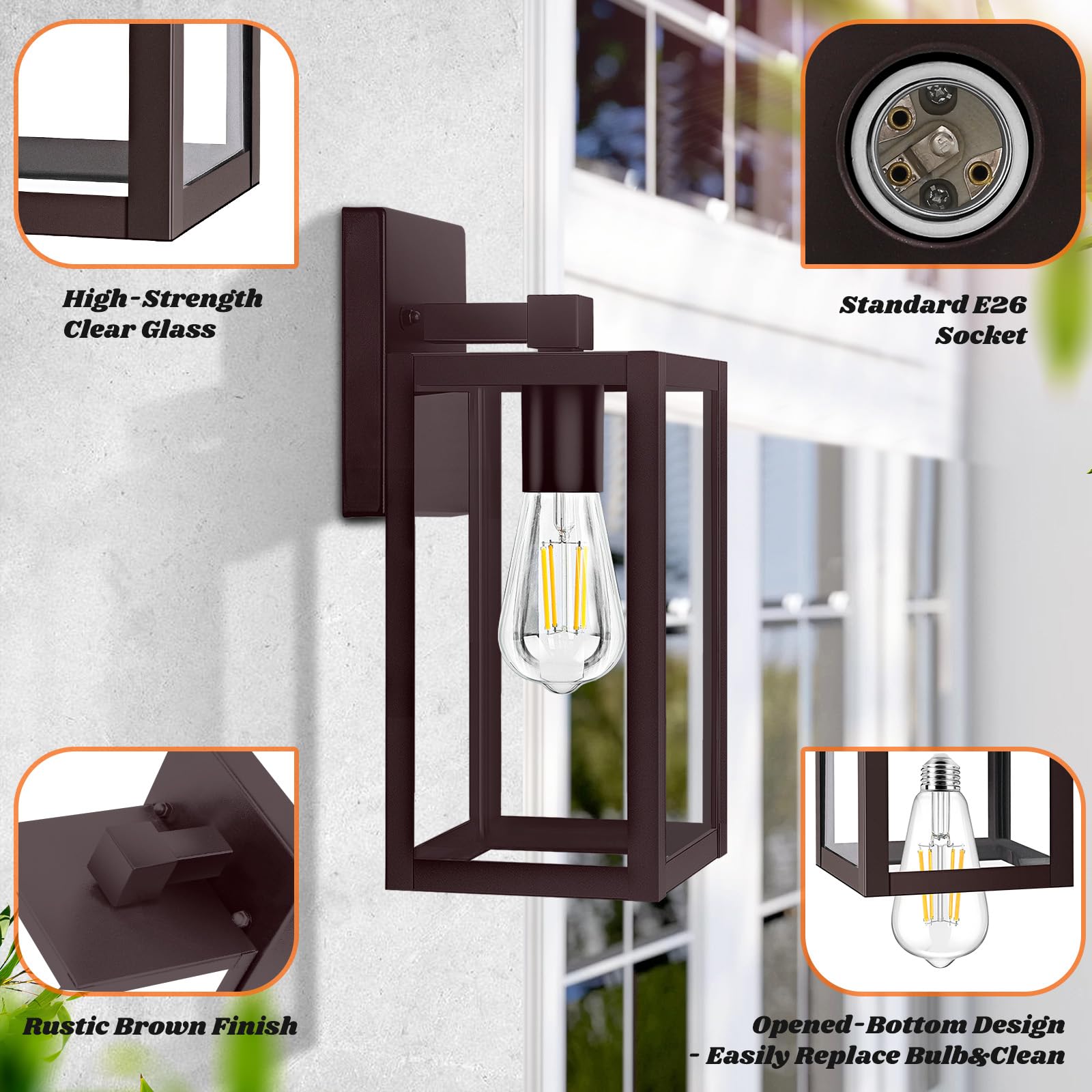 2-Pack Outdoor Wall Light, Waterproof Outdoor Light Fixture, 10'' Brown Outside Lights For House With Clear Glass For House, Por
